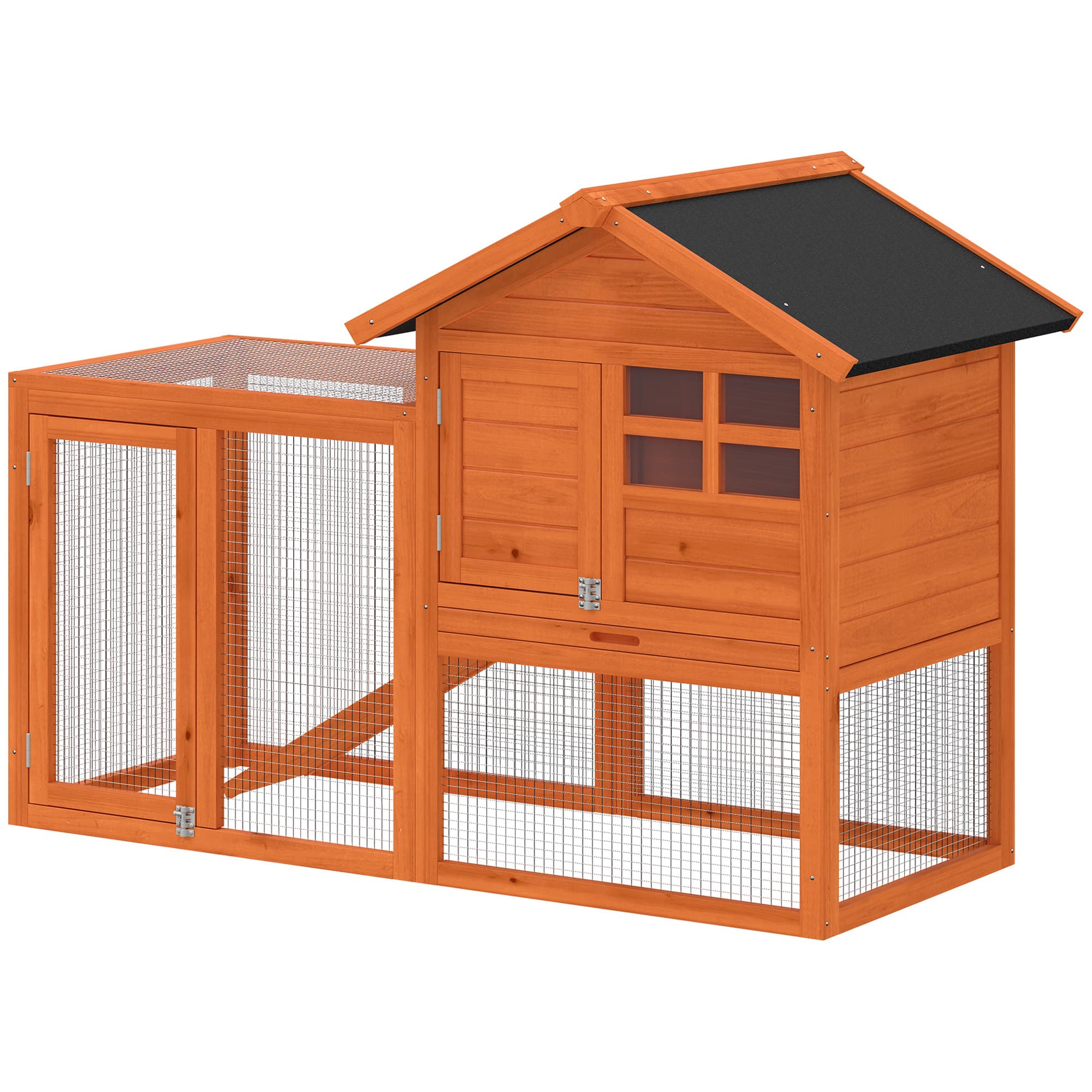 PawHut Clapier 2 étages Clapier pour lapins avec toit bitumé étanche, enclos extérieur, rampe, portes, bois 123,5x62,6x92,5 cm Orange