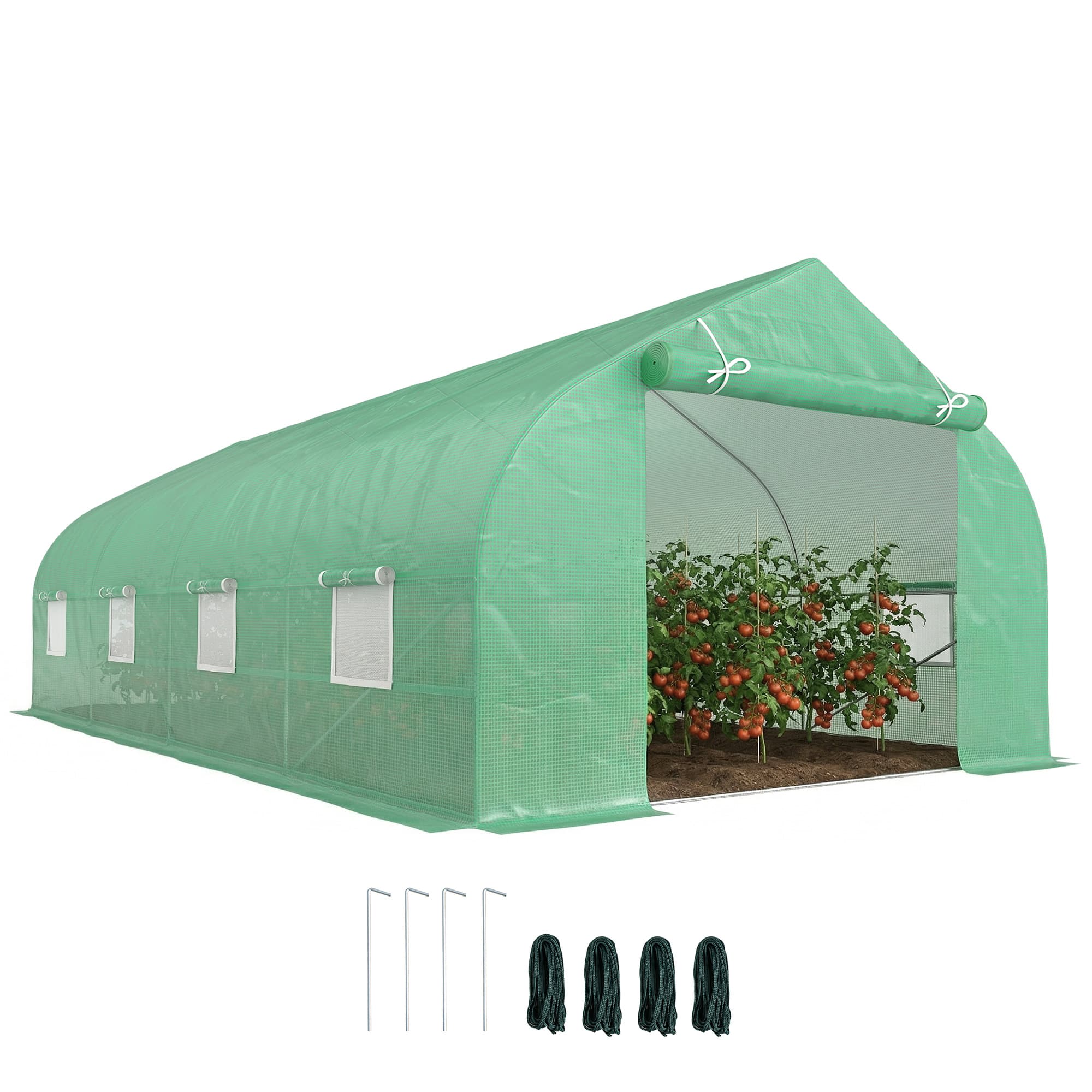 Outsunny Serre de Jardin Tunnel 18 m2 6 x 3 x 2 m Acier Galvanisé Renforcé Dia. 1,8 cm PE Haute Densité 140 g/m2 8 Fenêtres Vert
