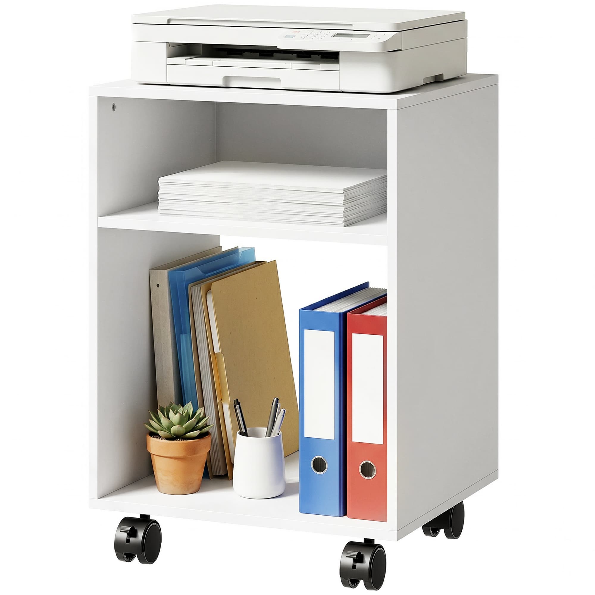 HOMCOM Meuble porte-imprimante en bois avec roulettes à frein et 2 compartiments ouverts, 40x35x55 cm, pour bureau/studio, Blanc