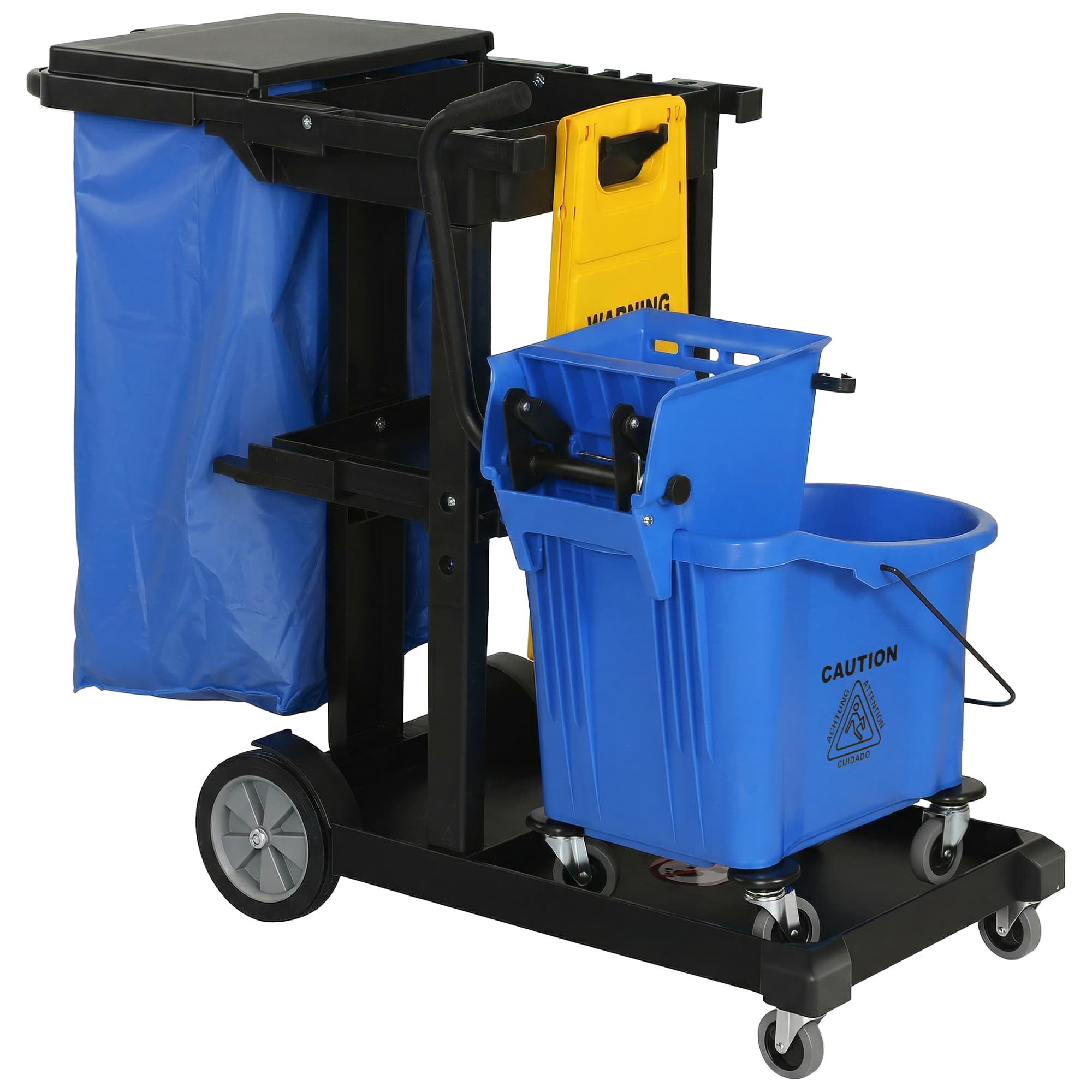 HOMCOM Chariot de nettoyage roulant avec 3 étagères, sac poubelle 70 L, seau essoreur avec presse, Bleu