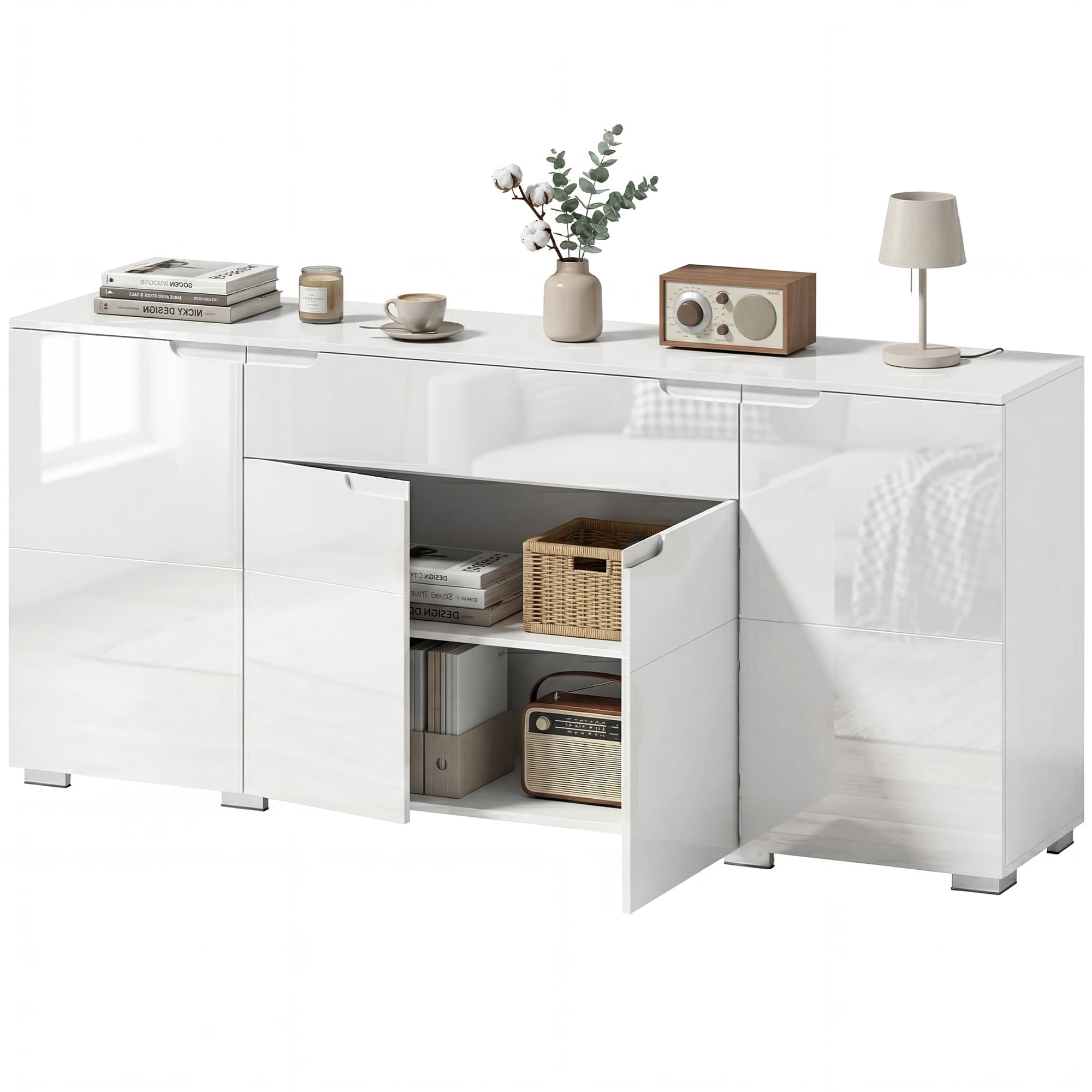 HOMCOM Buffet laqué, armoire moderne 4 portes avec étagères réglables, placard à fermeture douce, blanc