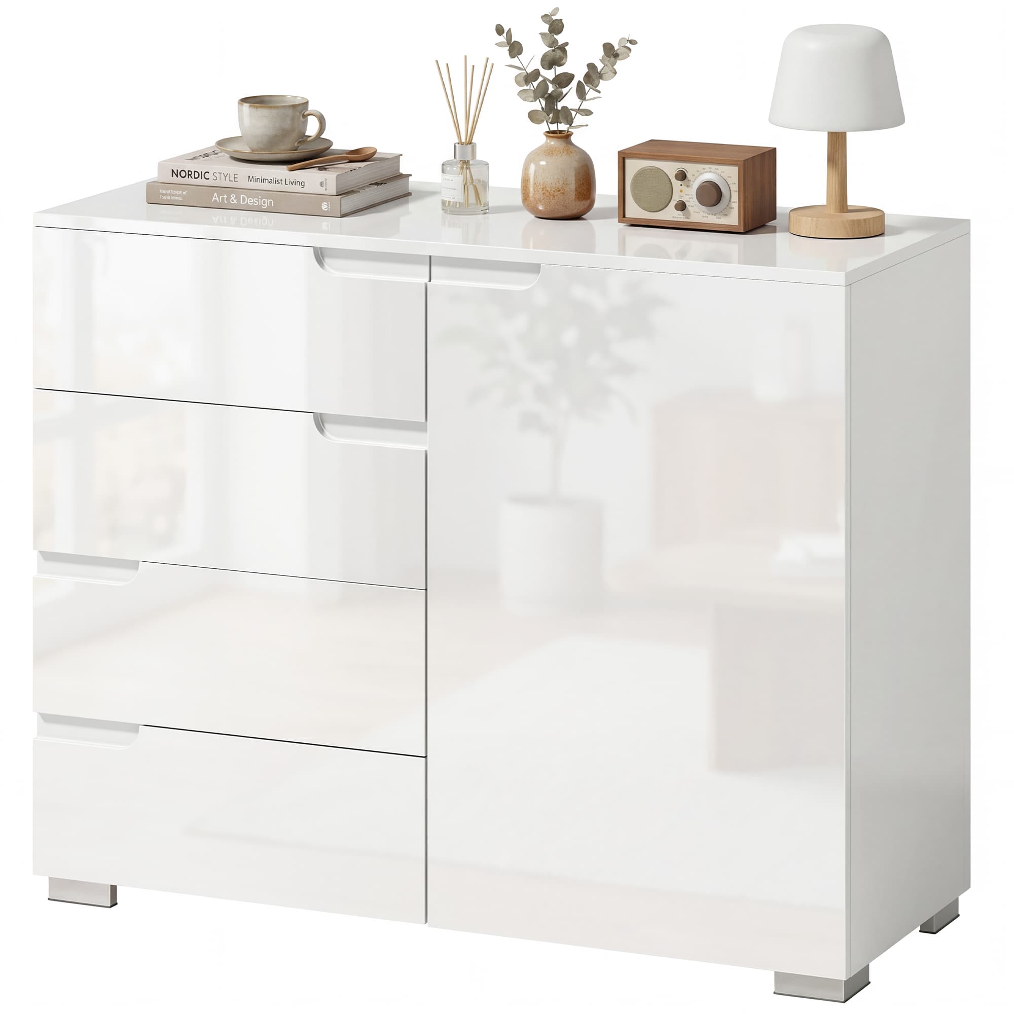 HOMCOM Buffet laqué haute brillance, bahut moderne avec 4 tiroirs, meuble de cuisine à fermeture amortie, blanc