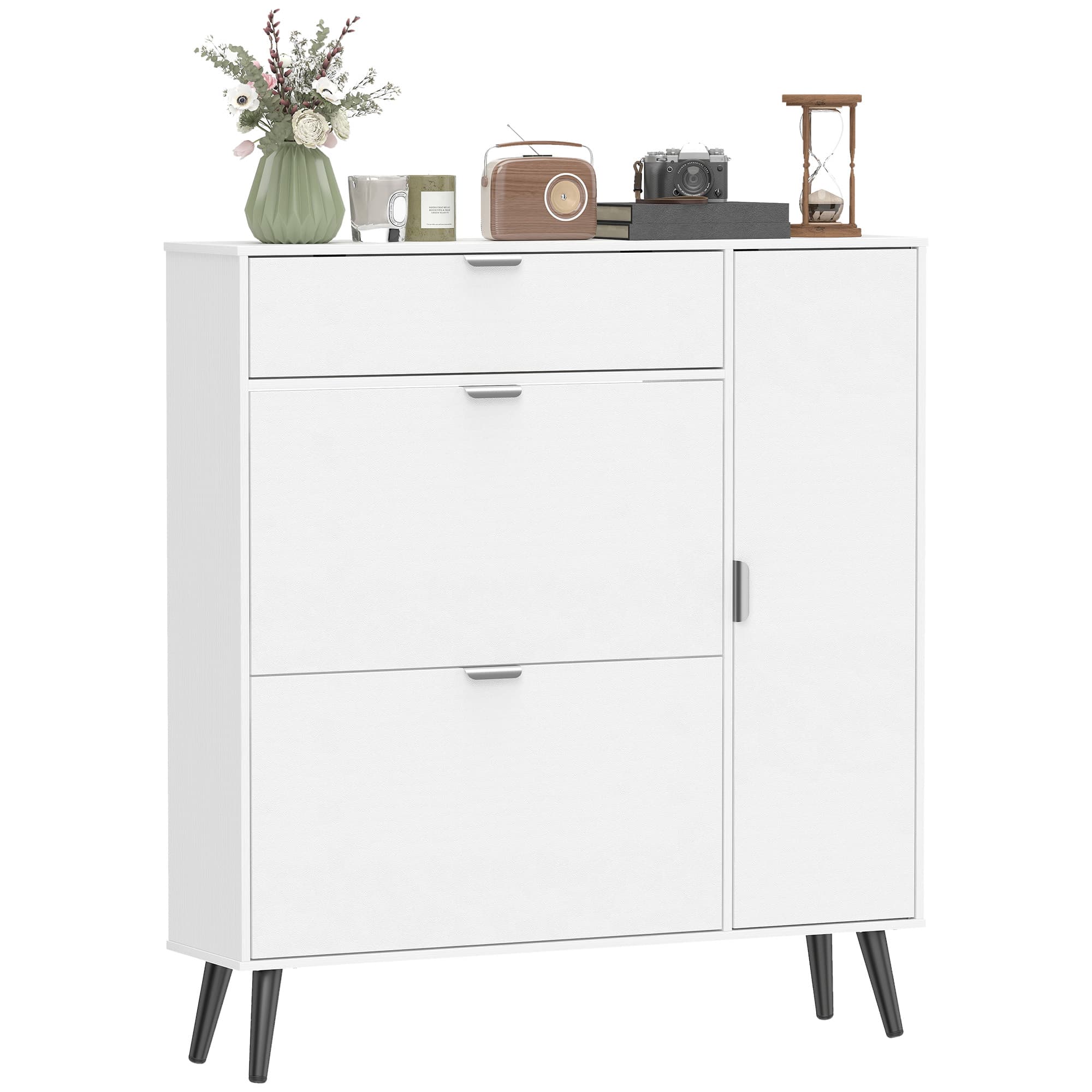 HOMCOM Meuble à chaussures étroit avec 2 compartiments abattants, armoire avec portes effet lychee et étagères réglables, Blanc
