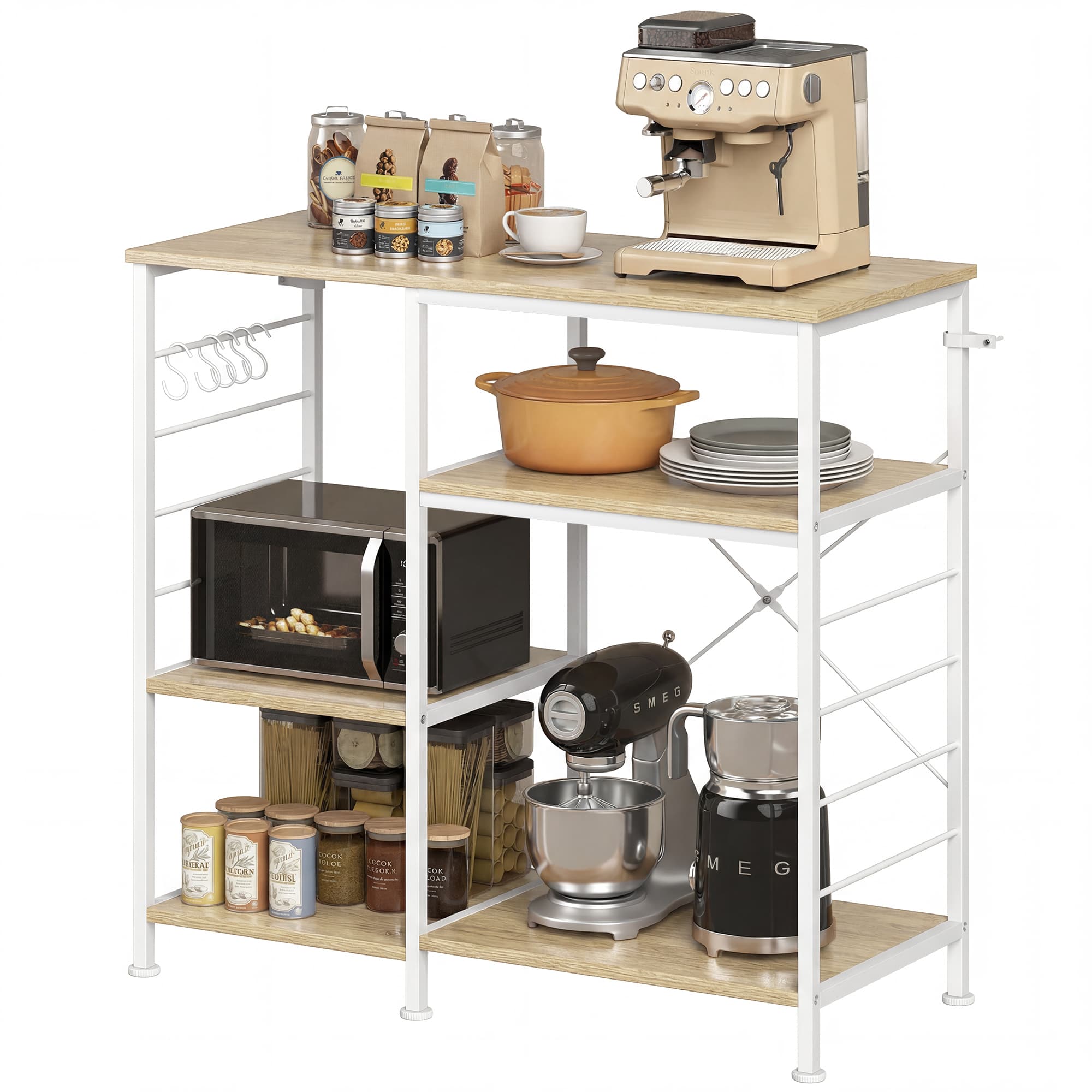 HOMCOM Étagère de Cuisine avec Étages en Bois et Métal avec 5 Crochets, Gain de Place, 90x39x83.5 cm, Chêne