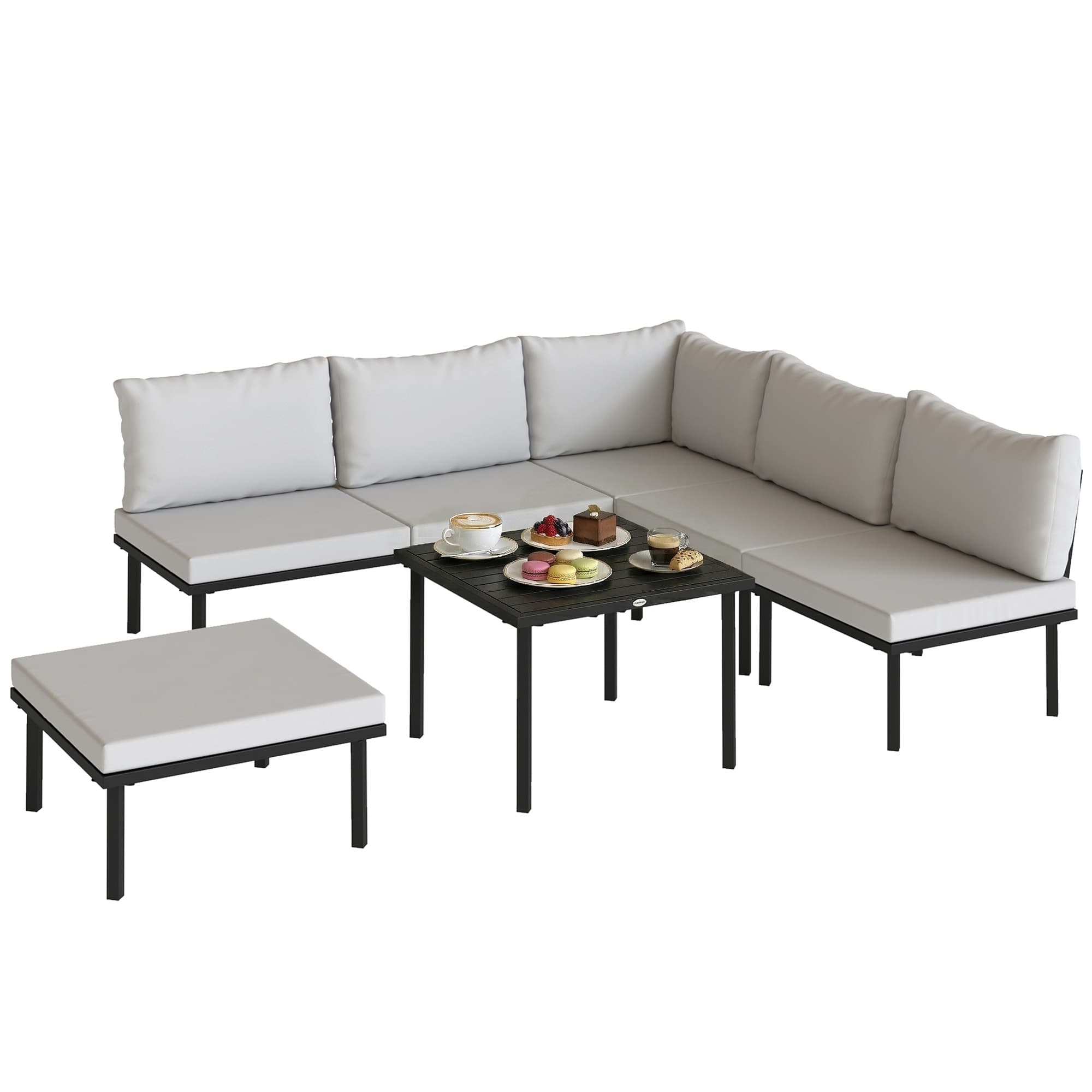 Outsunny Ensemble lounge de jardin 5-6 personnes Set lounge avec canapé 2 places, 2 chaises, fauteuil d'angle, table à lames, pouf