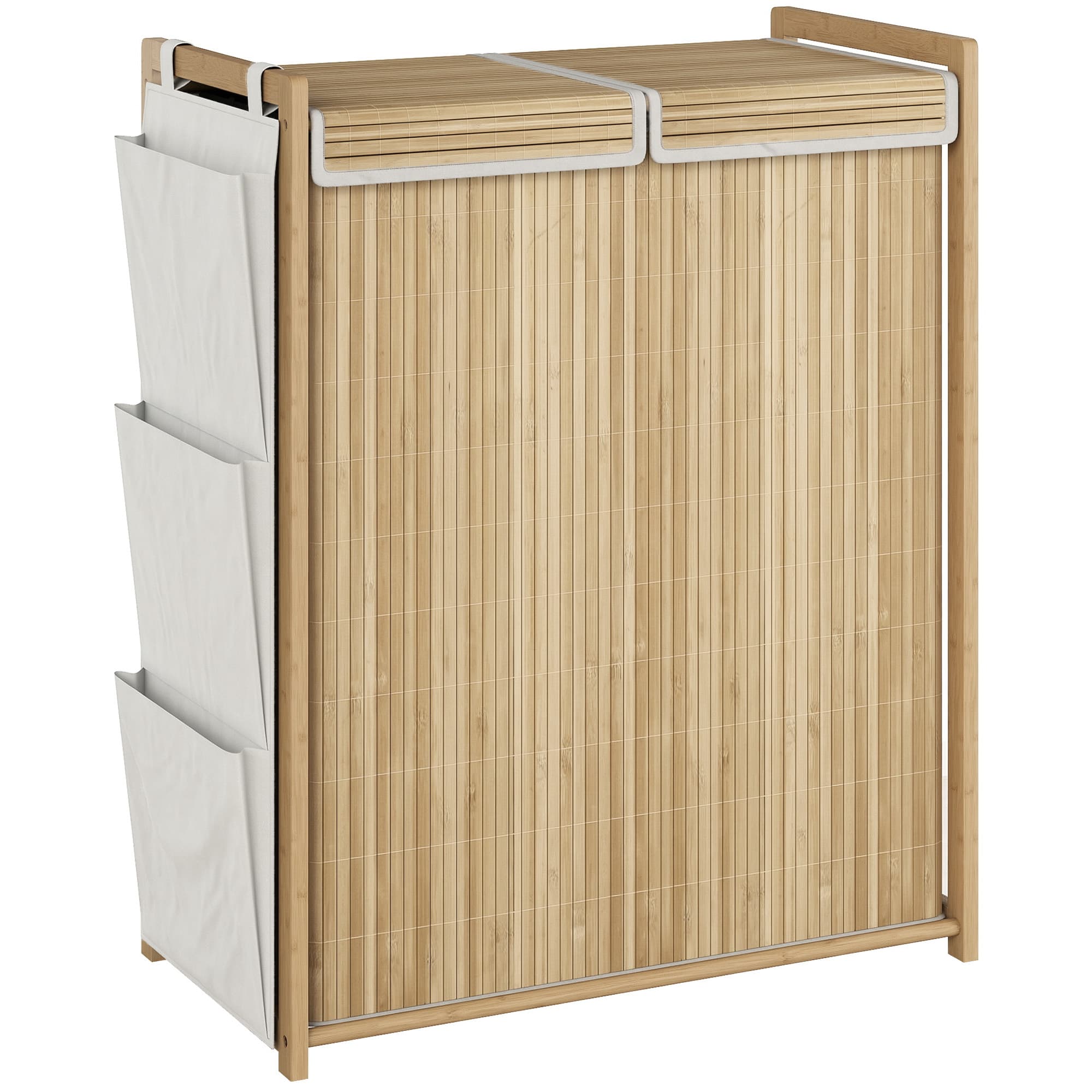 HOMCOM Panier à linge en bambou avec couvercle 120 L con 2 sacs à cordon amovibles et lavables poches latérales naturel