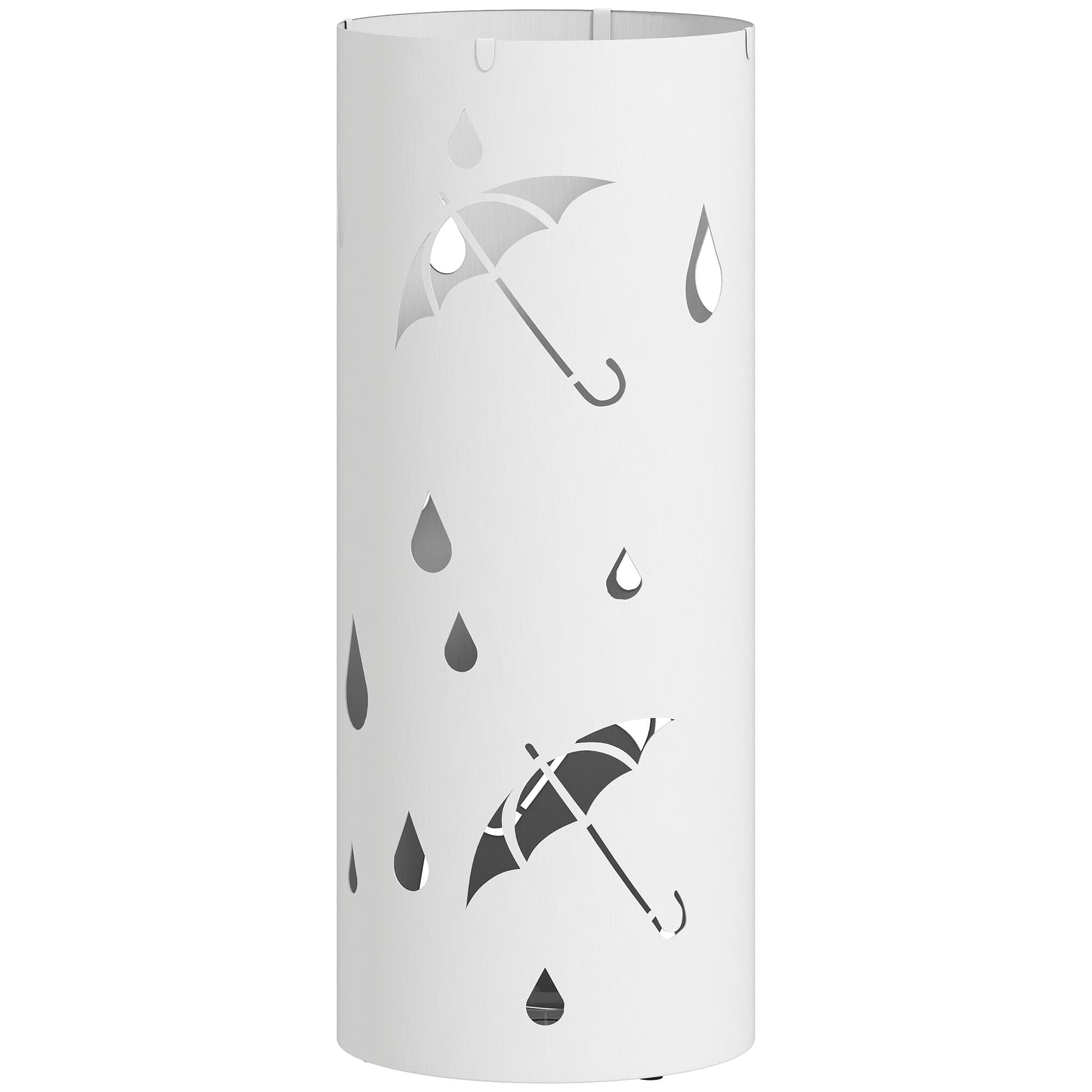 HOMCOM Porte parapluie cylindrique support pour parapluies bac d'égouttement amovible et 4 crochets, Ø 17 x 41 cm, blanc