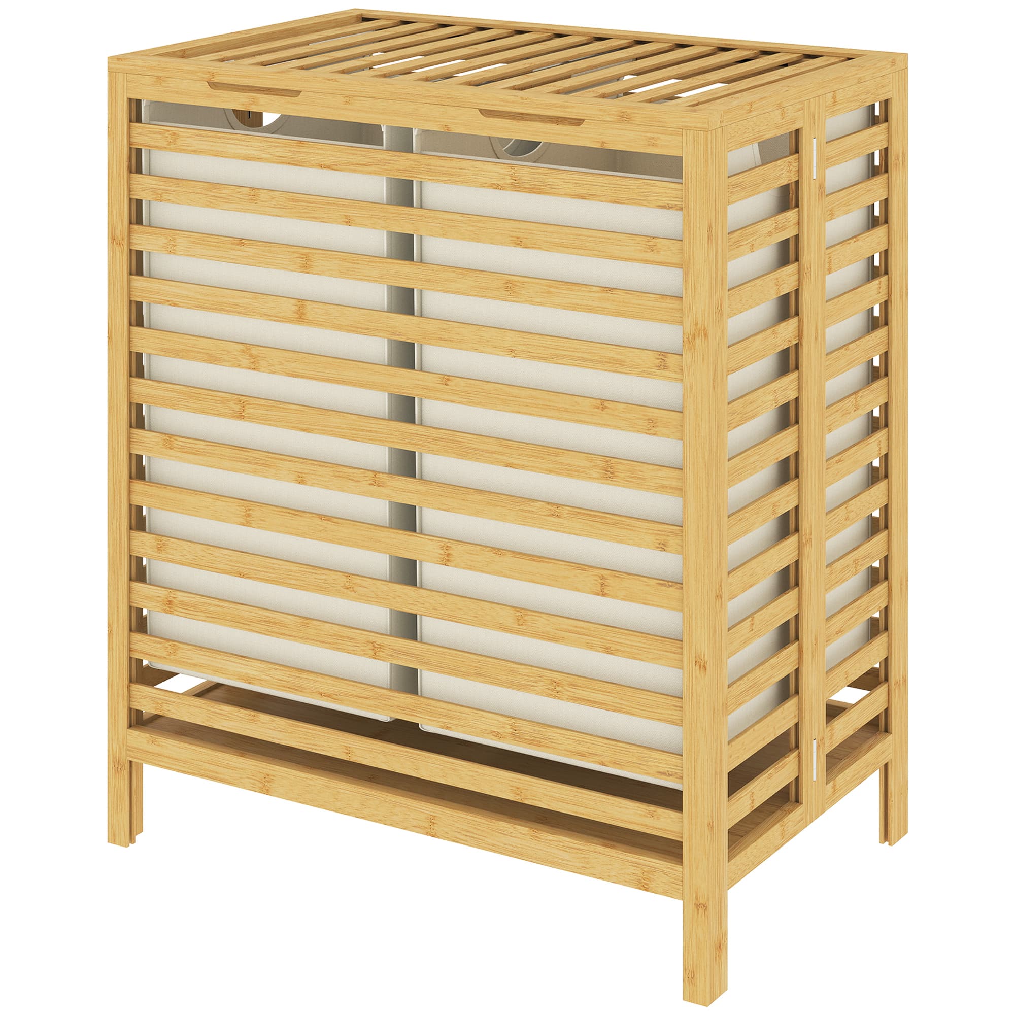 HOMCOM Panier à linge en bambou avec couvercle, 2 paniers, pliable, 64 L, naturel et crème blanche