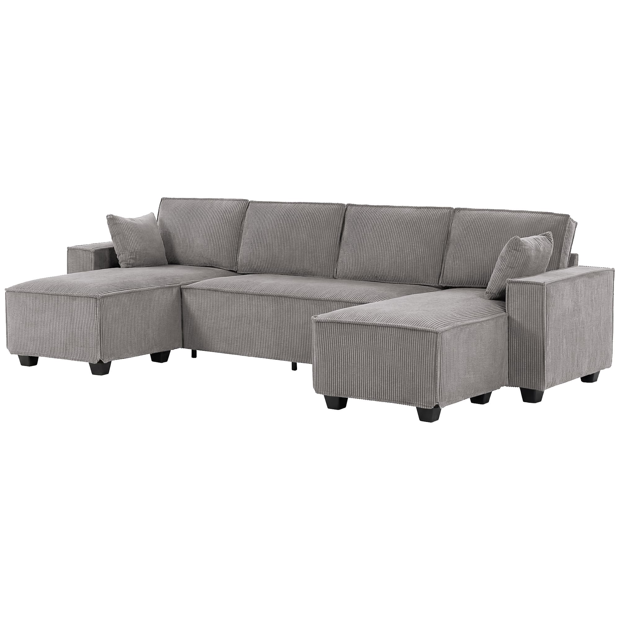 HOMCOM Canapé d'angle avec double chaiselongues, canapé en U en velours côtelé avec assise large et profonde, coussins à ressorts ensachés, Gris clair