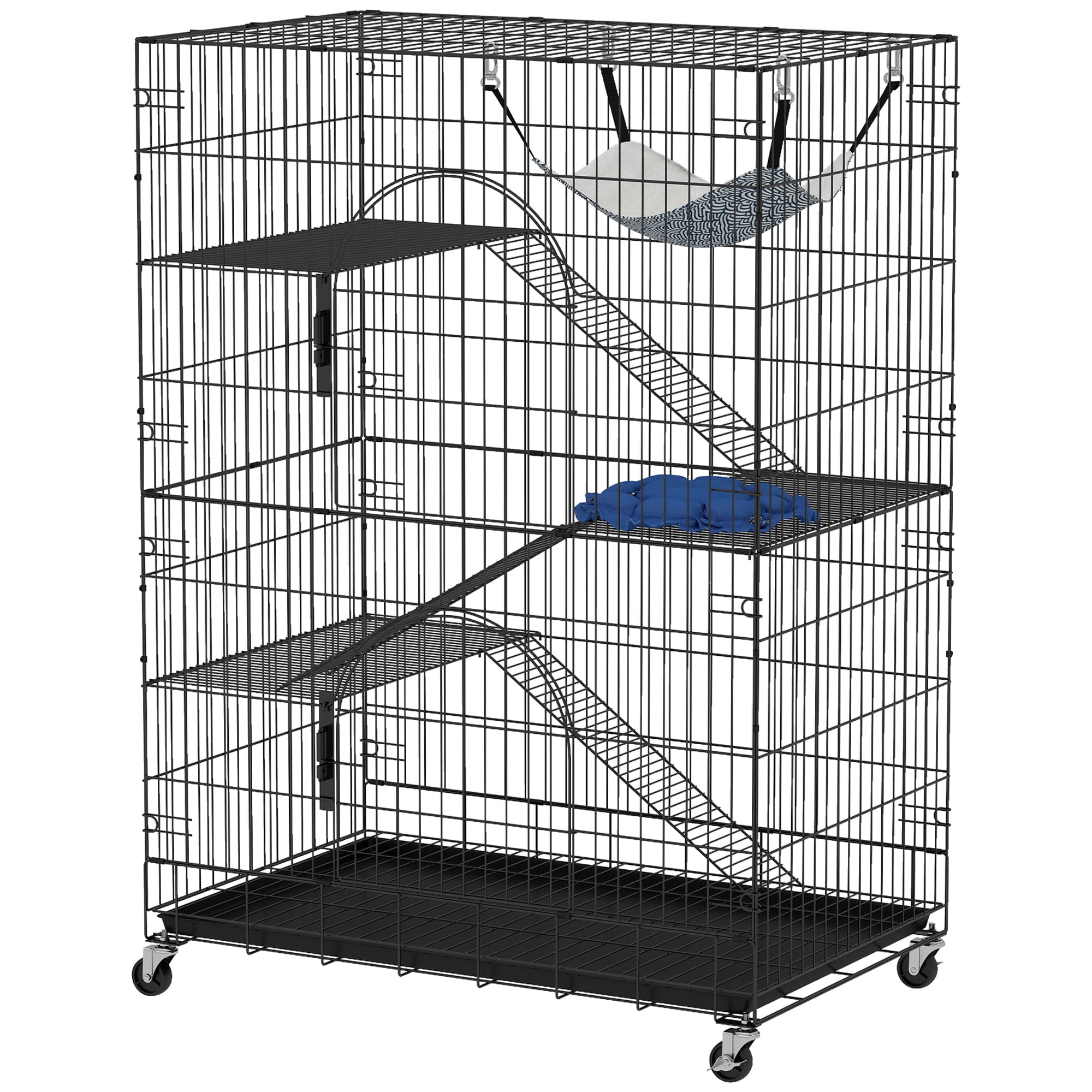 PawHut Cage pour Chats à 4 Niveaux avec Hamac, Lit, Rampes et Plateformes en Métal avec Roulettes et Plateau Extractible, Noir