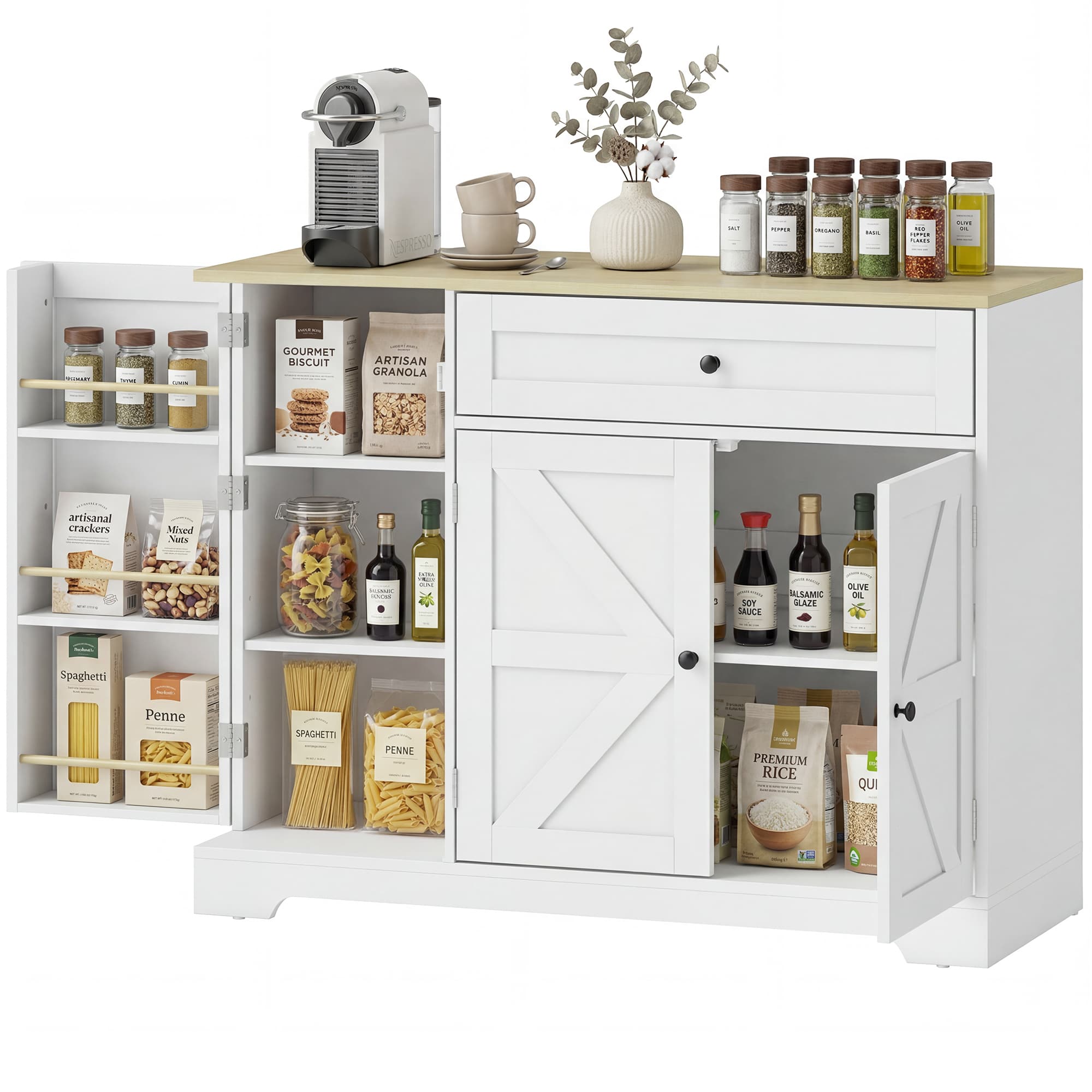 HOMCOM Buffet, commode de cuisine style campagne avec portes coulissantes, 1 tiroir, 2 étagères réglables, étagères de porte