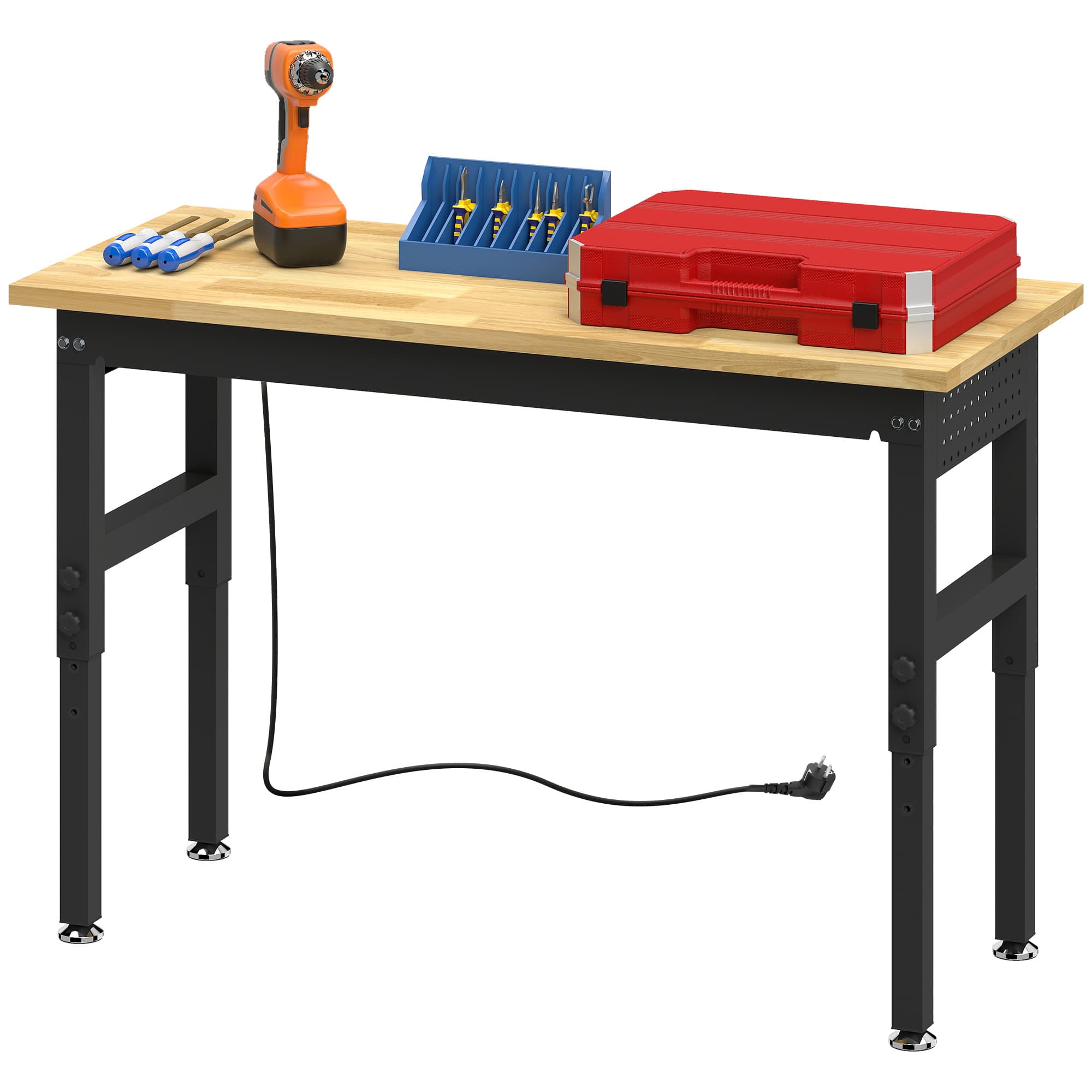 HOMCOM Établi en bois et acier à hauteur réglable, 2 prises AC, Capacité 900 kg, Bois et noir