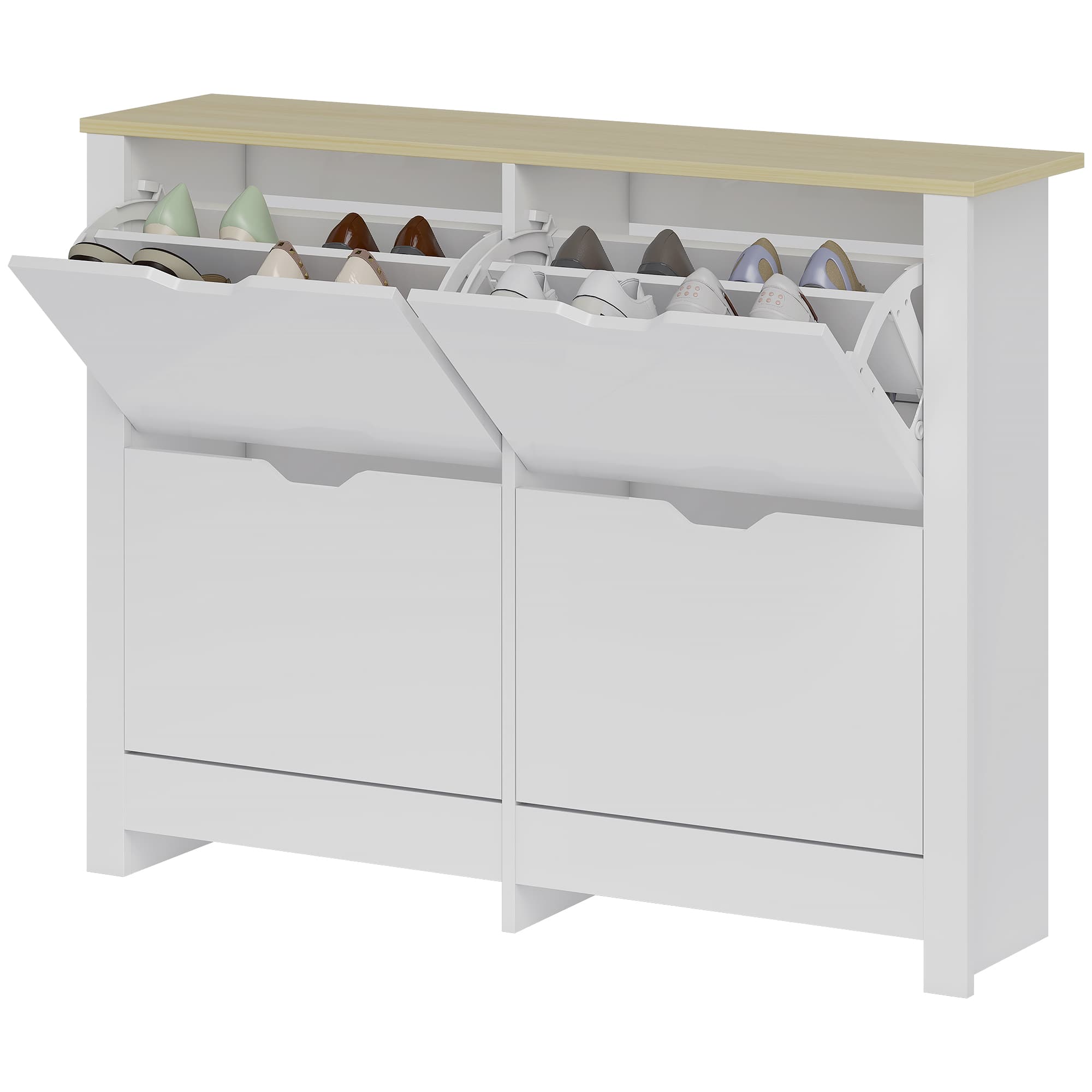 HOMCOM Meuble à chaussures étroit à 4 compartiments rabattables pour 8–16 paires, 105 x 26 x 80 cm, Blanc+Bois naturel