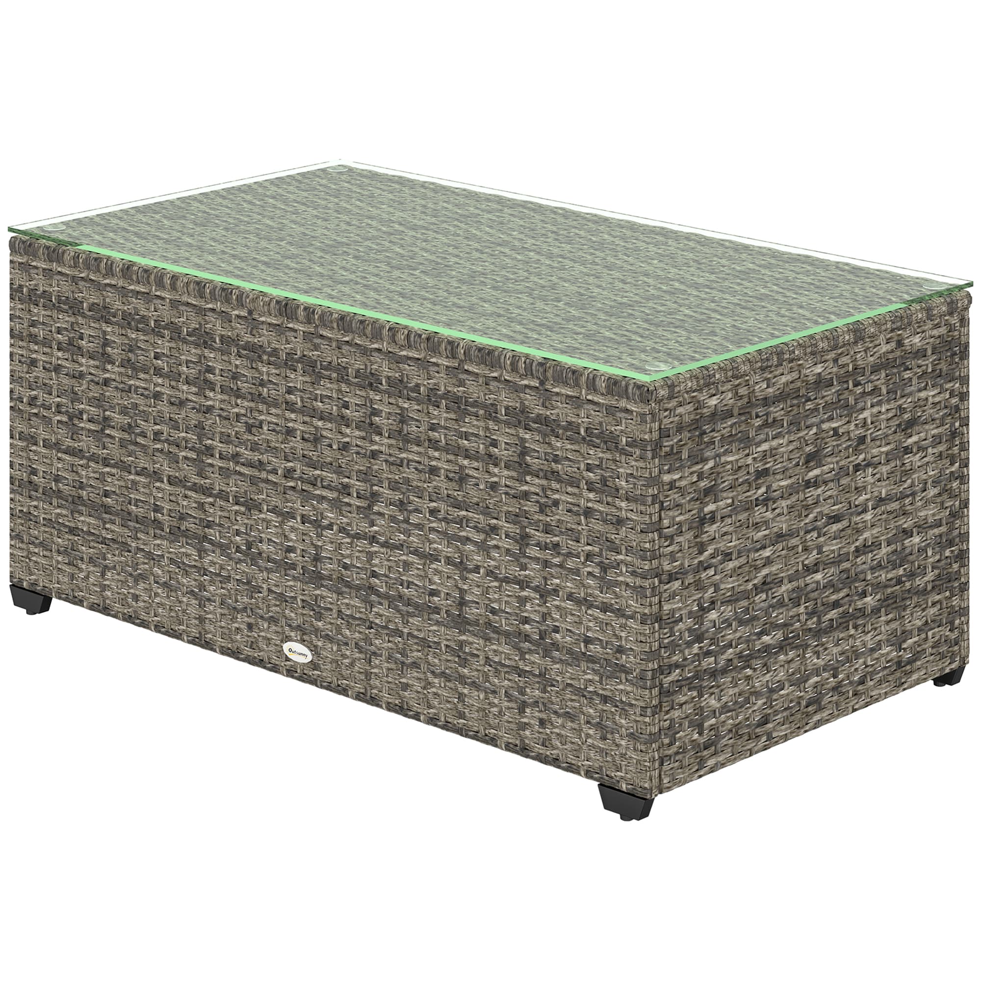 Outsunny Table basse de jardin, table d'appoint en résine tressée avec plateau en verre trempé, 90 x 50 x 38 cm, gris foncé