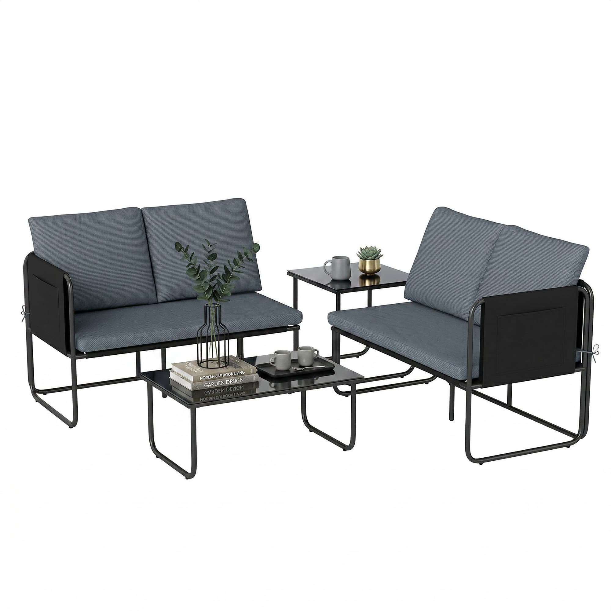 Outsunny Ensemble de jardin extérieur 4 pièces avec 2 canapés 2 places 2 tables en verre coussins housses amovibles et poches gris