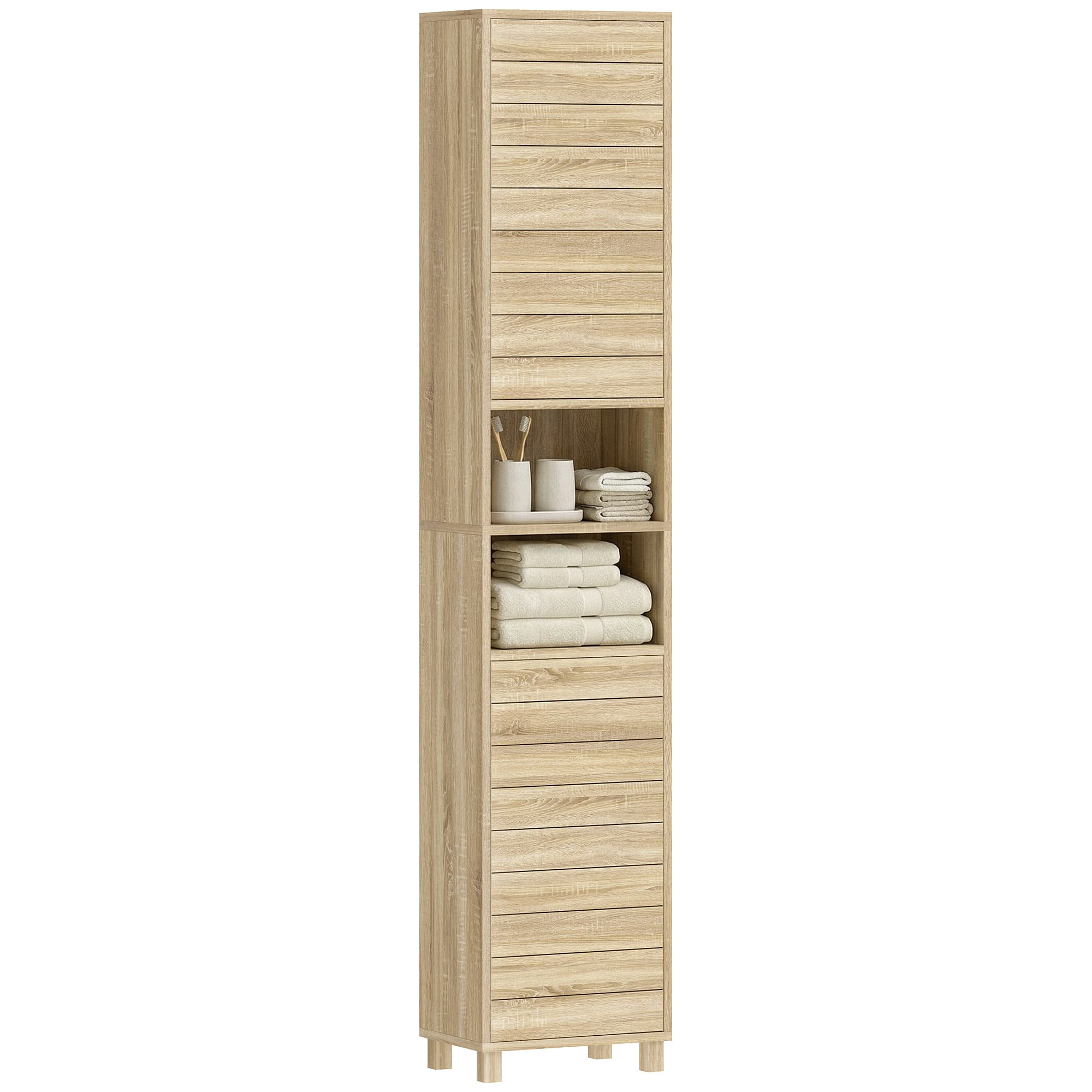 HOMCOM Armoire Haute pour Salle de Bain avec Étagères Réglables Portes à Lames Ouverture par Pression 34x23x170 cm Naturel