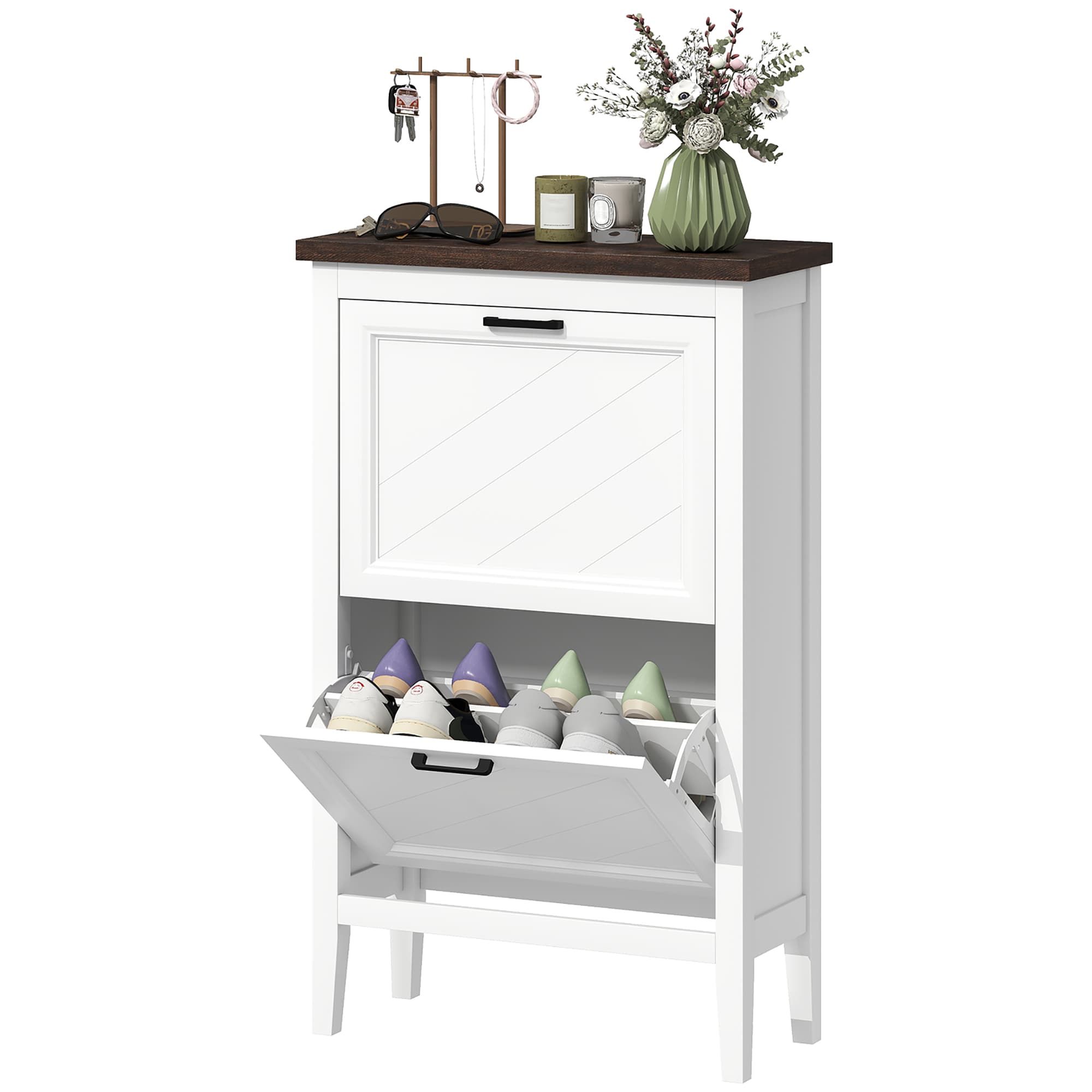 HOMCOM Meuble à Chaussures Country avec 2 Tiroirs Basculants, Étagères Réglables, Design Blanc.