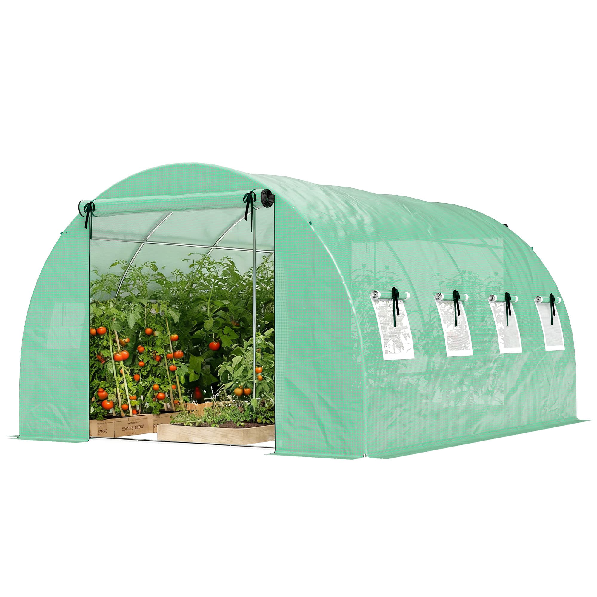 Outsunny Serre tunnel de jardin 12m2, serre de jardin tunnel 295x400x200cm 2 portes et 8 fenêtres bâche PE 140 g/m2 vert