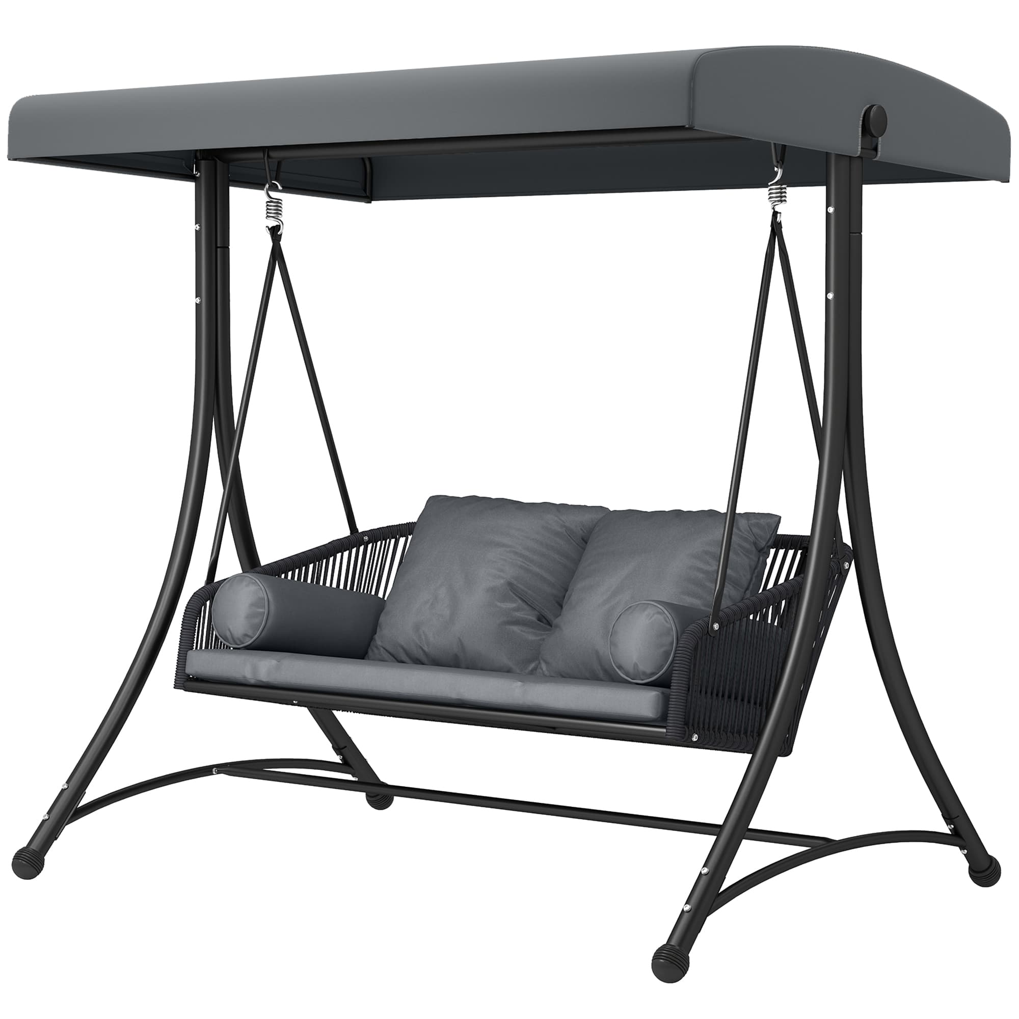 Outsunny Balancelle rotin 2 places avec toit solaire réglable, coussin moelleux, cadre en A Gris foncé