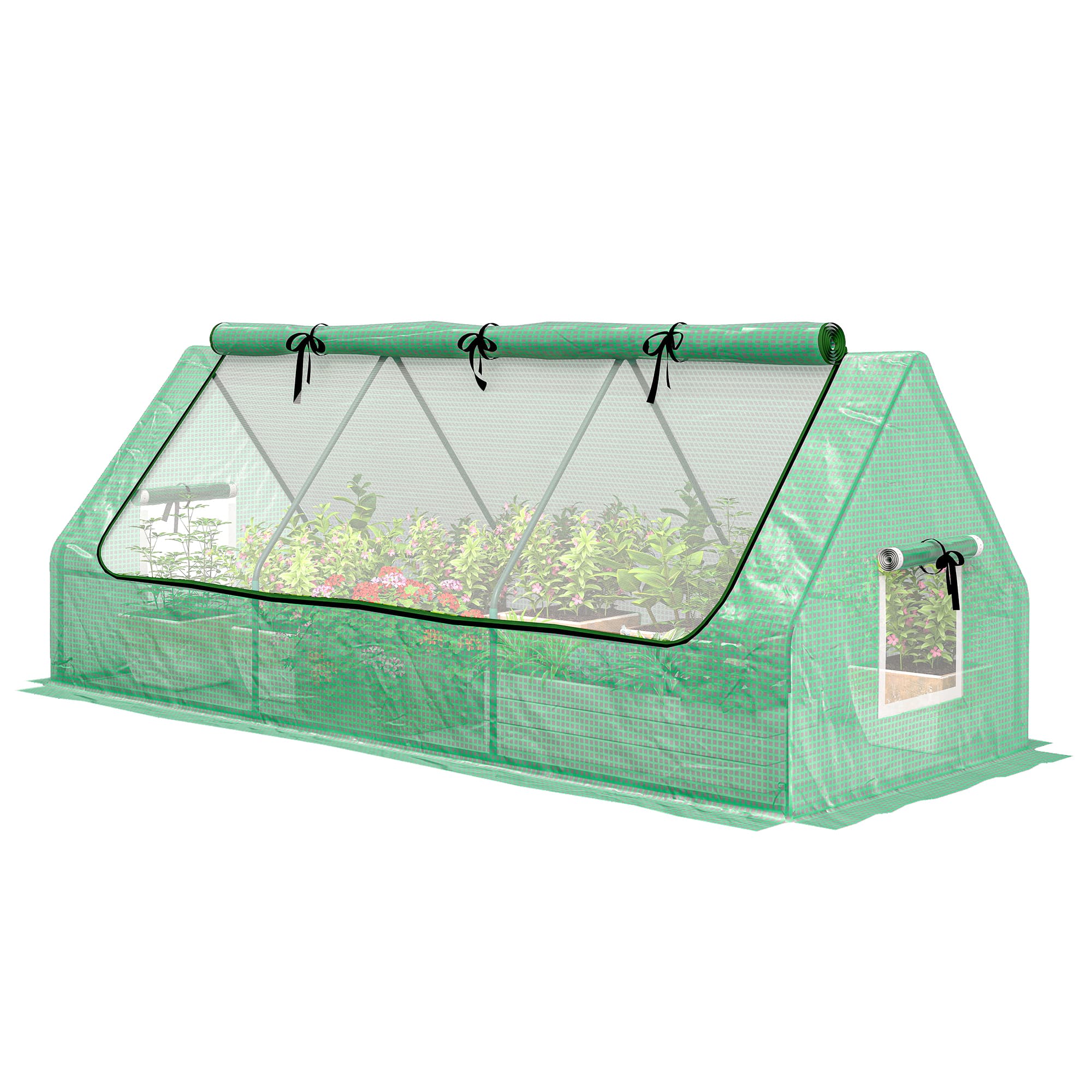 Outsunny Mini serre de jardin mini serre tunnel 240 x 90 x 90 cm toit pointu acier PE 3 fenêtres en filet enroulables vert