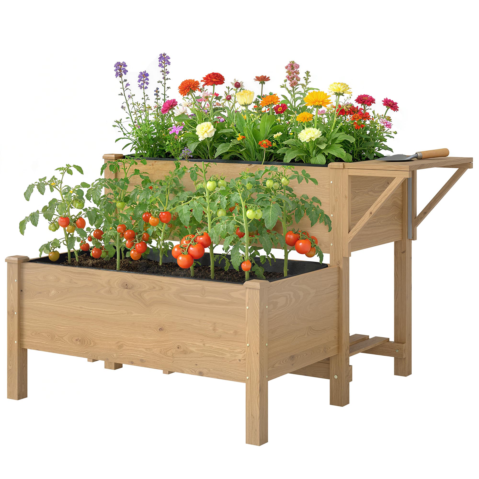 Outsunny Potager sur Pieds à 2 niveaux Jardinières surélevées étagères doublure trous de drainage 119,5x102x76,5cm, marron clair