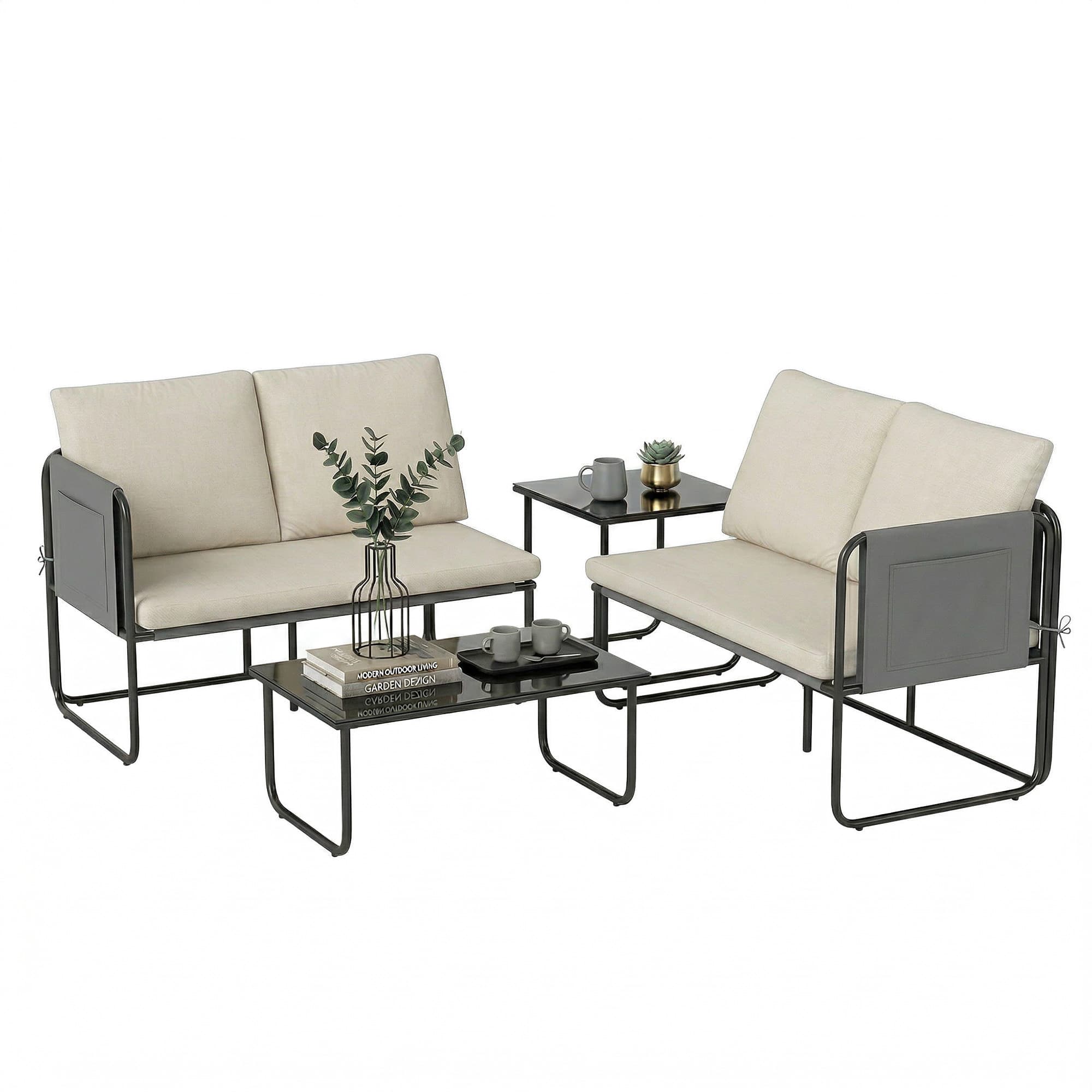 Outsunny Ensemble de jardin extérieur 4 pièces avec 2 canapés 2 places 2 tables en verre coussins housses amovibles et poches kaki