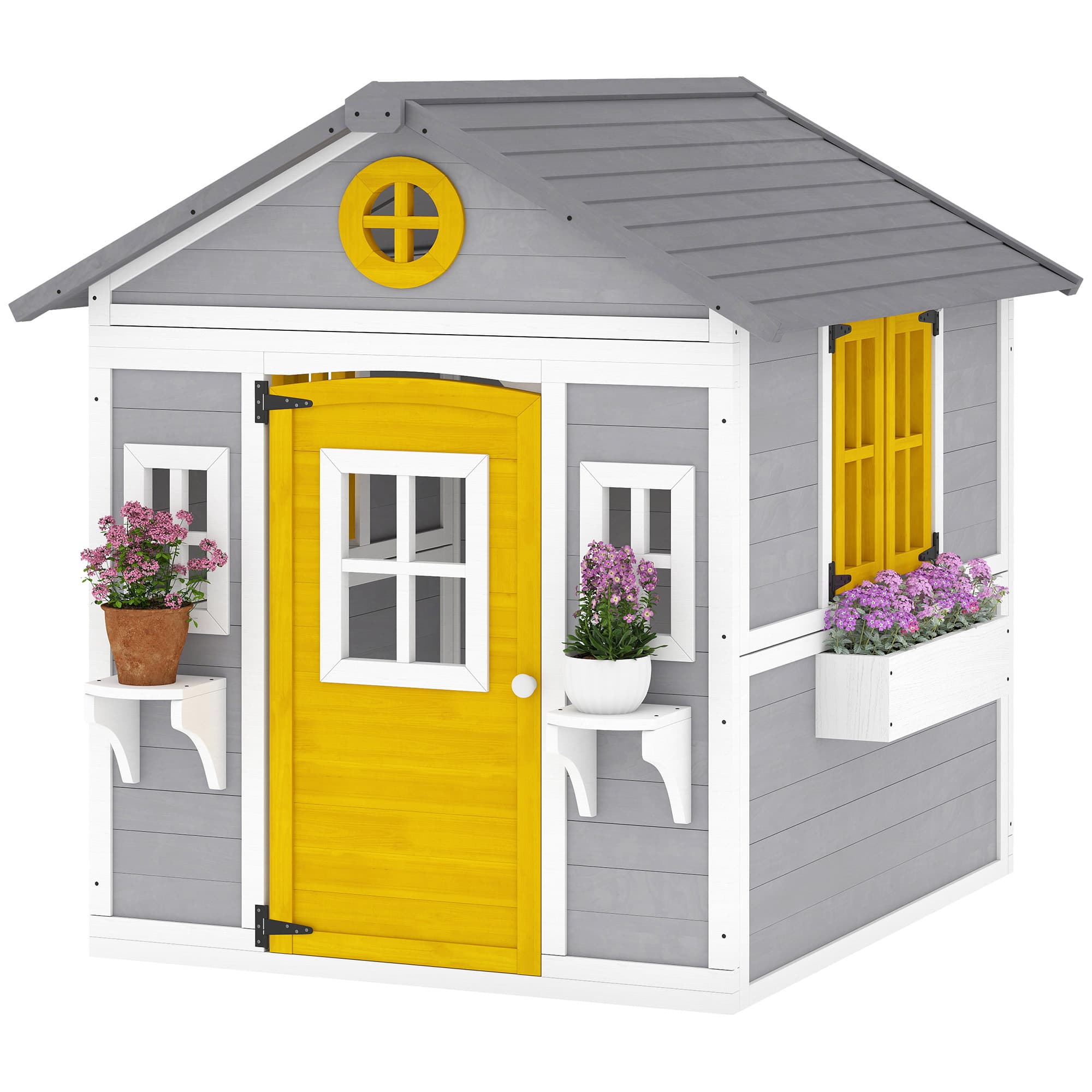 Outsunny Maisonnette de jardin en bois pour enfants 3-8 ans avec fenêtres, toit incliné, pots et jardinières, gris