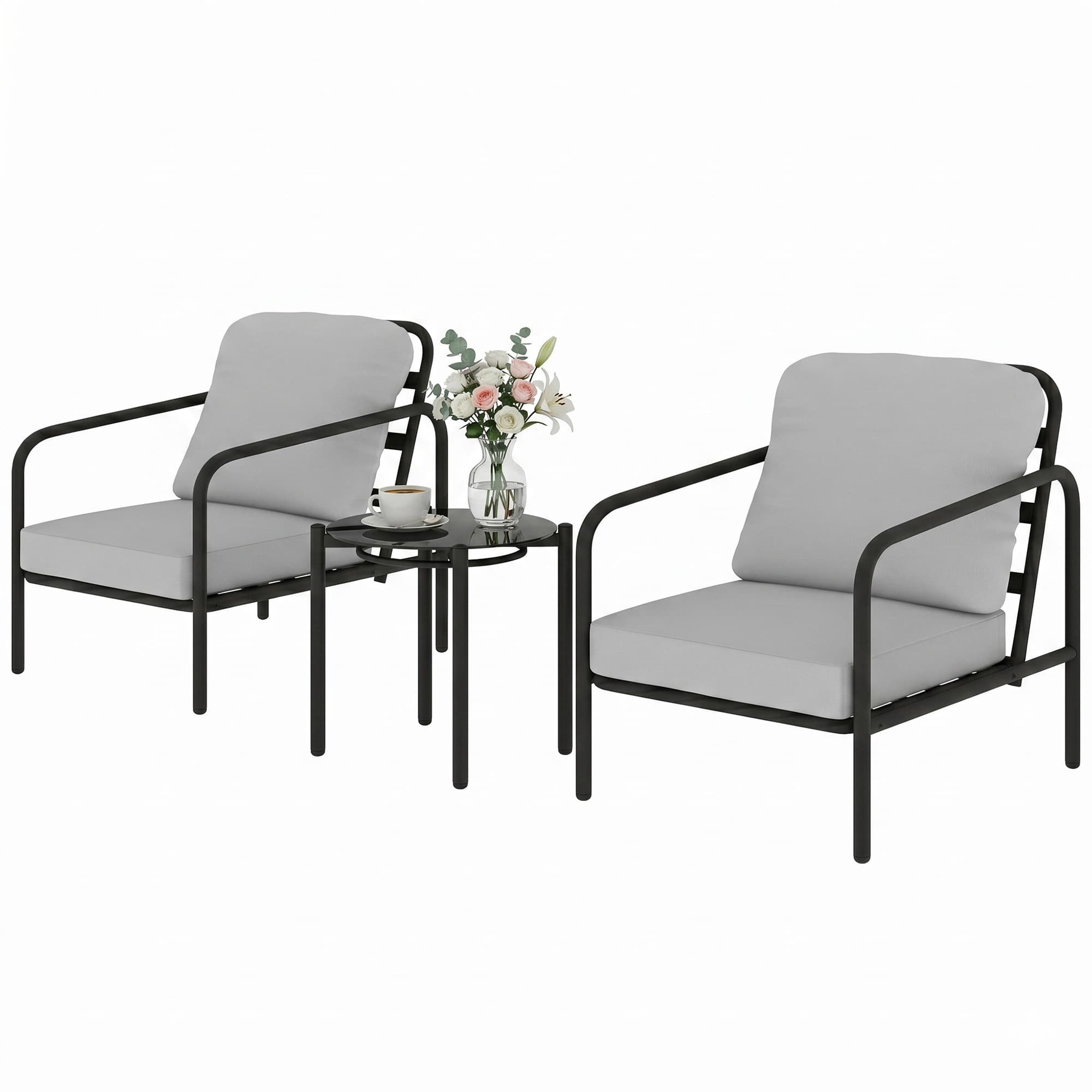 Outsunny Set bistro 3 pièces en acier avec 2 chaises à coussins épais, table basse avec plateau en verre trempé Noir