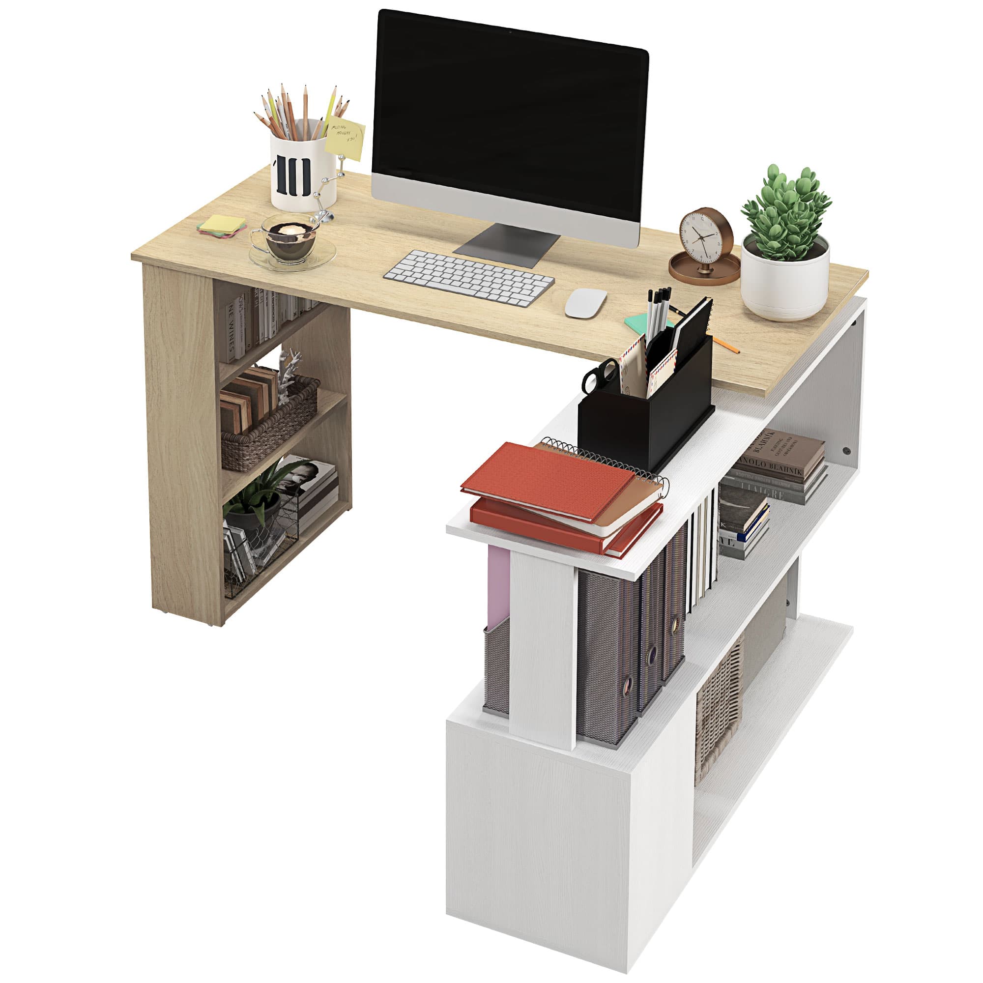 HOMCOM Bureau d'angle bureau informatique modulable bibliothèque intégrée + étagère 3 niveaux blanc et bois naturel