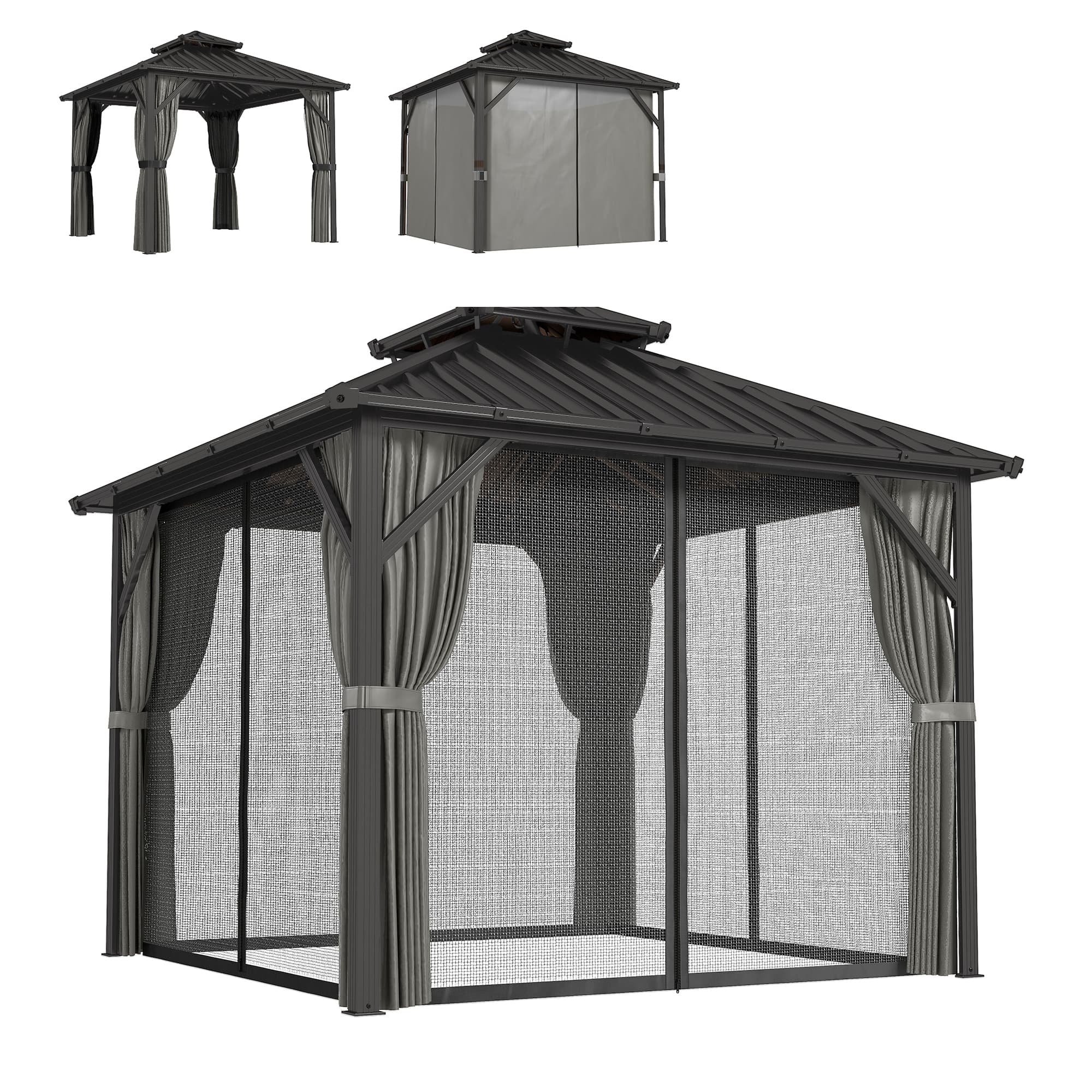 Outsunny Pavillon 3 x 3 m à toit rigide avec cadre en aluminium et toit double en acier galvanisé, gris foncé