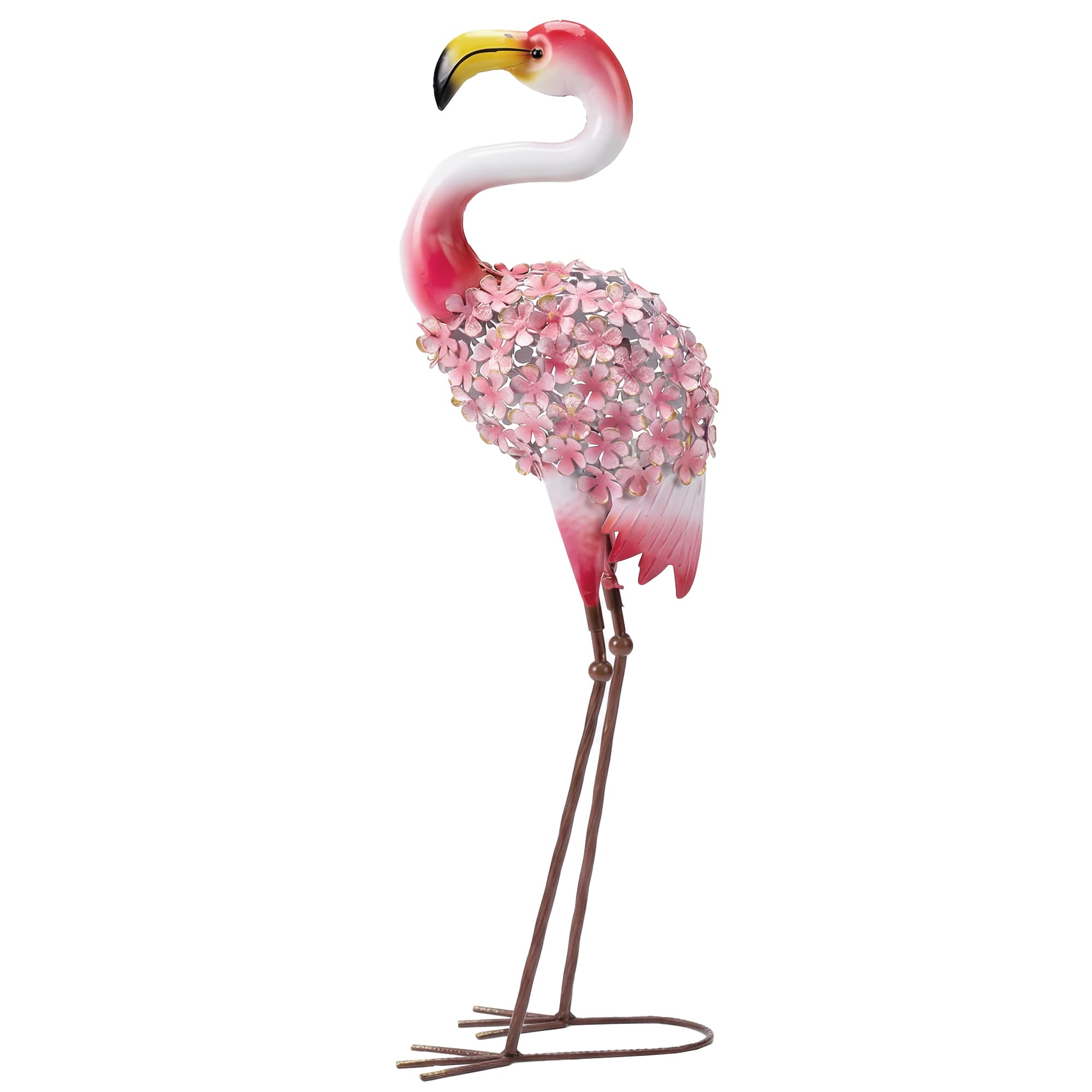 Outsunny Statue de Jardin Flamant Rose, Sculpture d'Oiseau en Métal avec Plumes Florales, 28 x 19 x 83 cm, Rouge