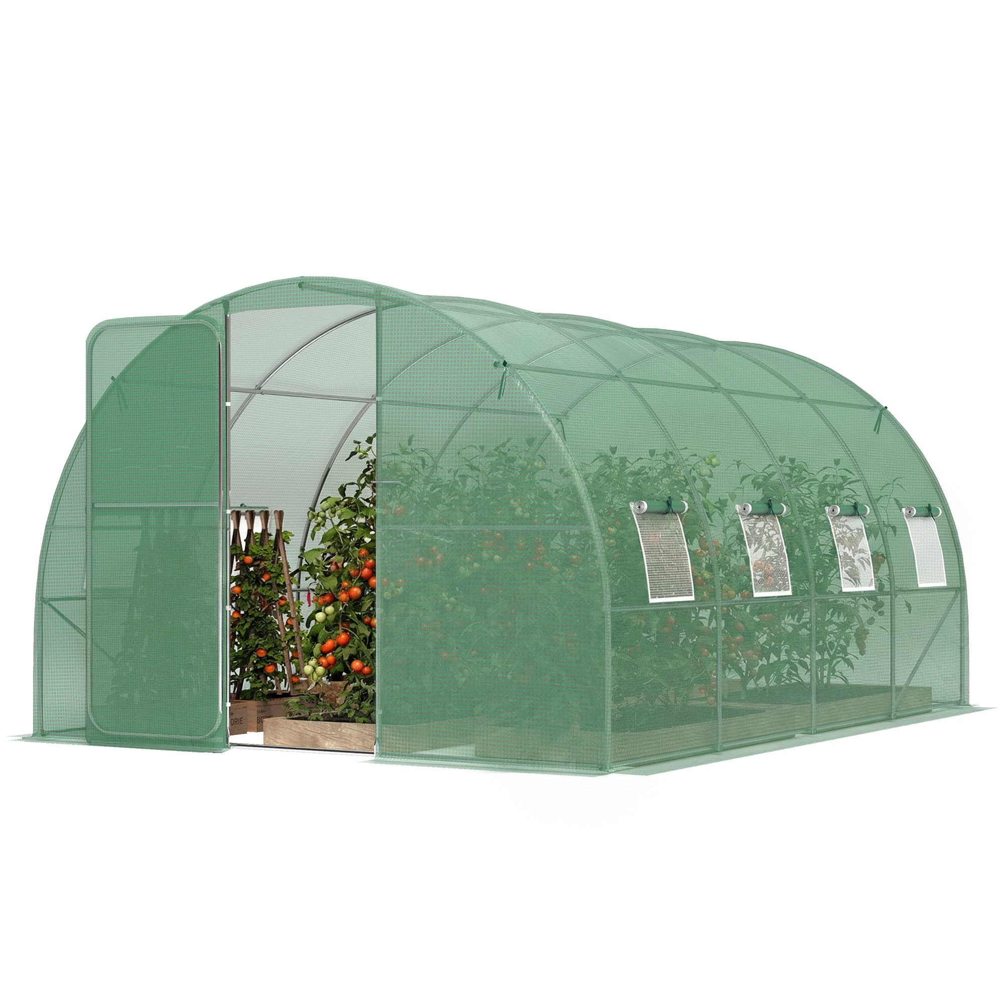 Outsunny Serre tunnel de jardin 12m2, serre de jardin tunnel 295x400x200cm porte et 8 fenêtres, bâche PE 140 g/m2 vert