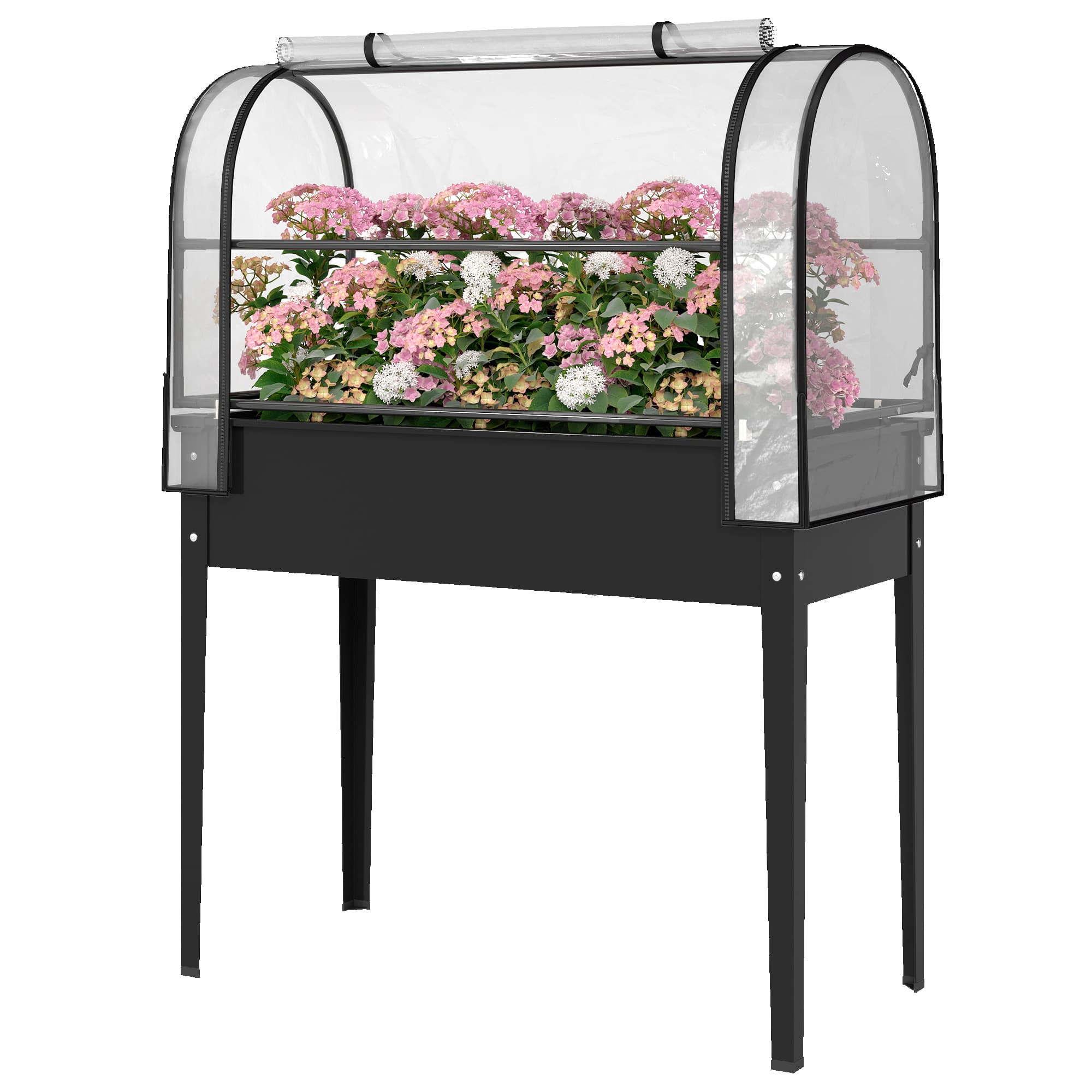 Outsunny Potager sur Pieds avec Serre Rabattable, Jardinière Surélevée en Métal avec Trou de Drainage, 100 x 49 x 136 noir