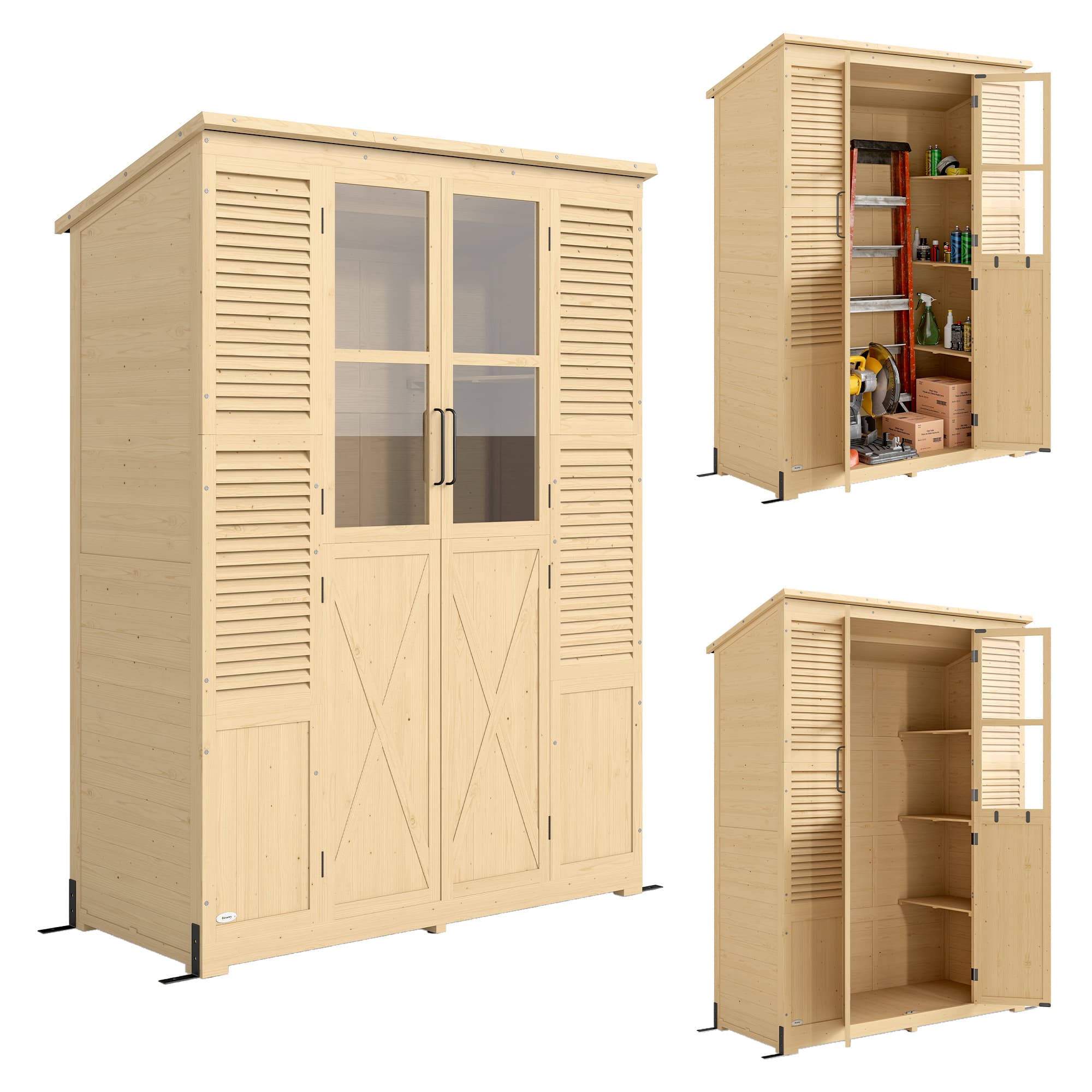 Outsunny Armoire de Jardin, 4 Fenêtres, 6 Étagères, Toit en Asphalte Hydrofuge, Ventilation à Persiennes, 147x68x198cm, Naturel