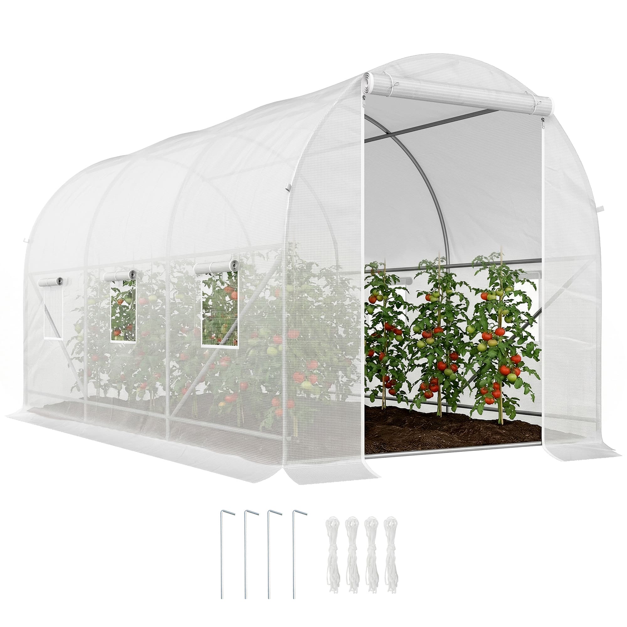 Outsunny Serre de jardin tunnel surface sol 7 m2 3,5L x 2l x 2H m châssis tubulaire renforcé 18 mm 6 fenêtres blanc