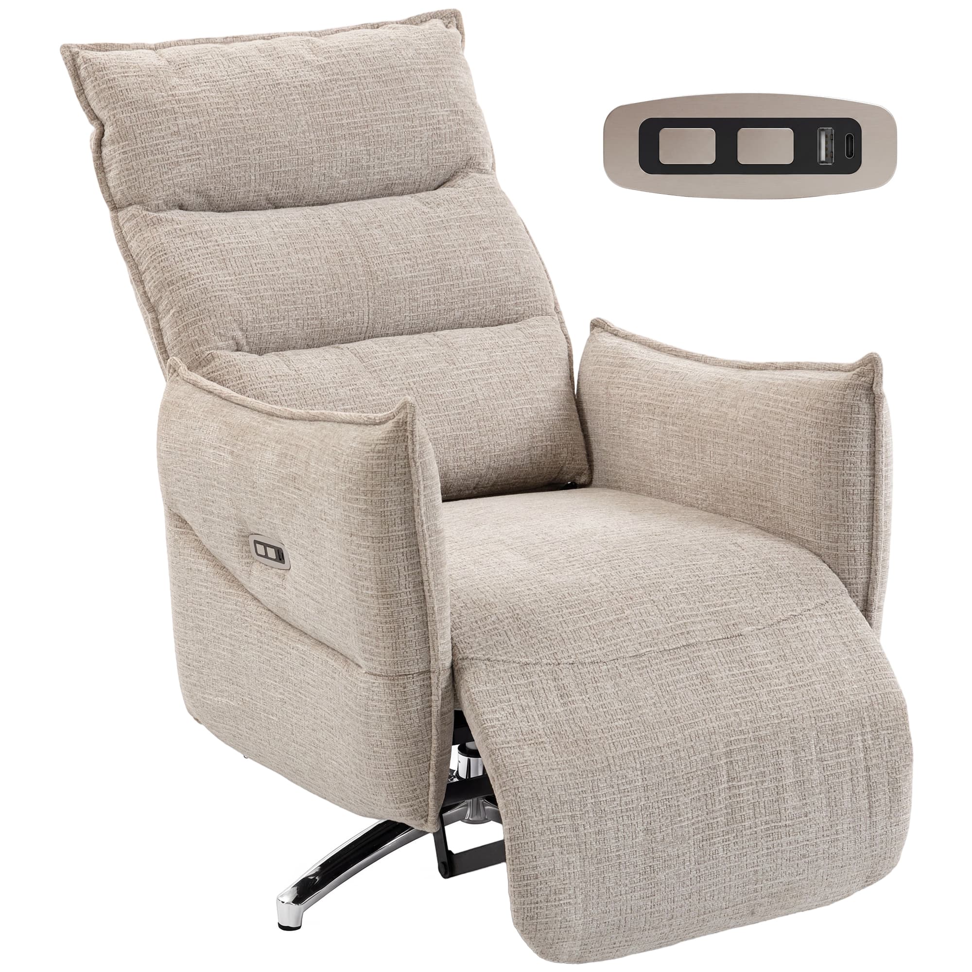 HOMCOM Fauteuil relax électrique pivotant pour adultes, fauteuil en tissu effet lin avec ports de charge, beige