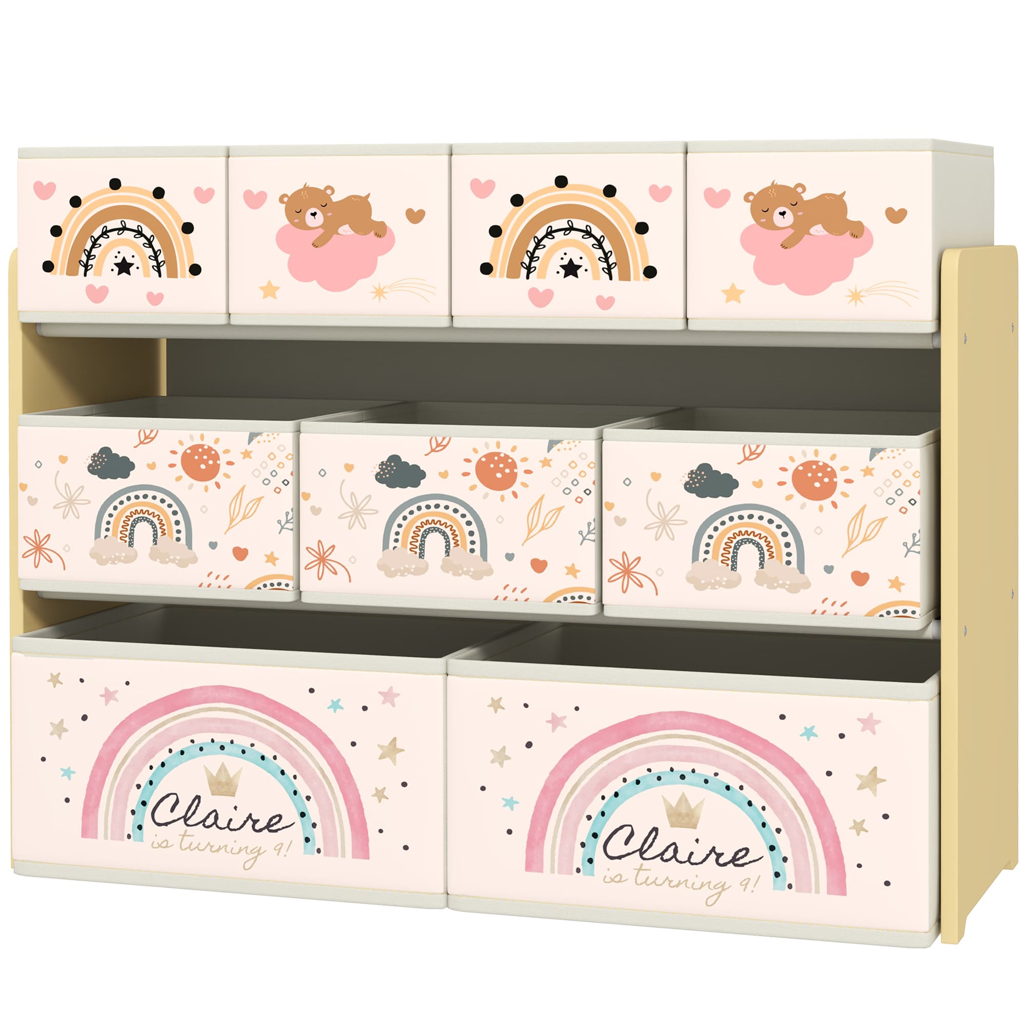 AIYAPLAY Étagère de rangement enfant étagère à 3 niveaux avec 9 boîtes en tissu non tissé 93 x 30 x 70 cm jaune