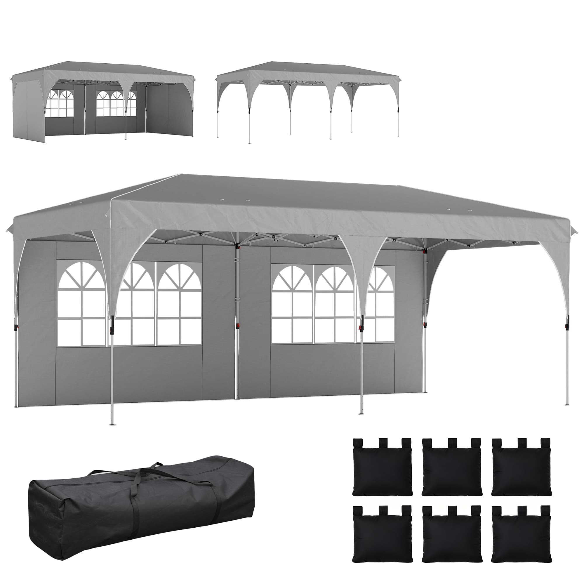 Outsunny Tonnelle de jardin 3 x 6 m pop up tente pliante réglable en hauteur imperméable protection UV50+ gris