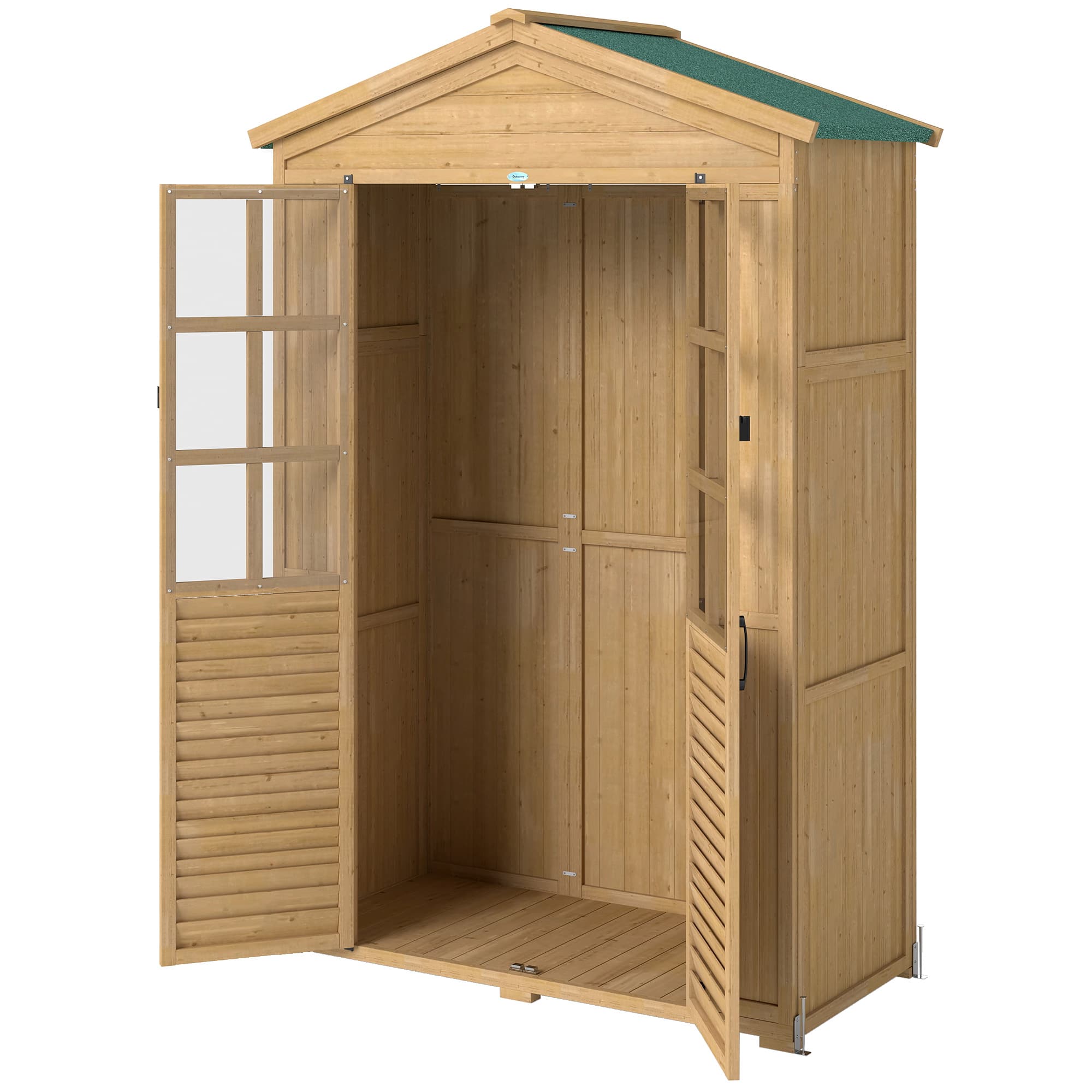 Outsunny Abri de jardin Armoire de jardin pour outils avec Étagères et Fenêtres en Acrylique, 128 x 57,5 x 197 cm marron clair