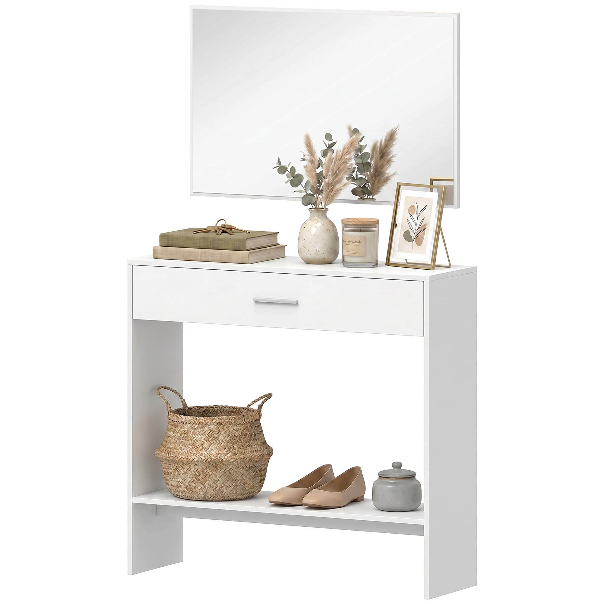 HOMCOM Meuble d'entrée avec miroir Cajón y Estante Mueble de Recibidor para Pasillo 91,5x27,9x85,5 cm Blanco