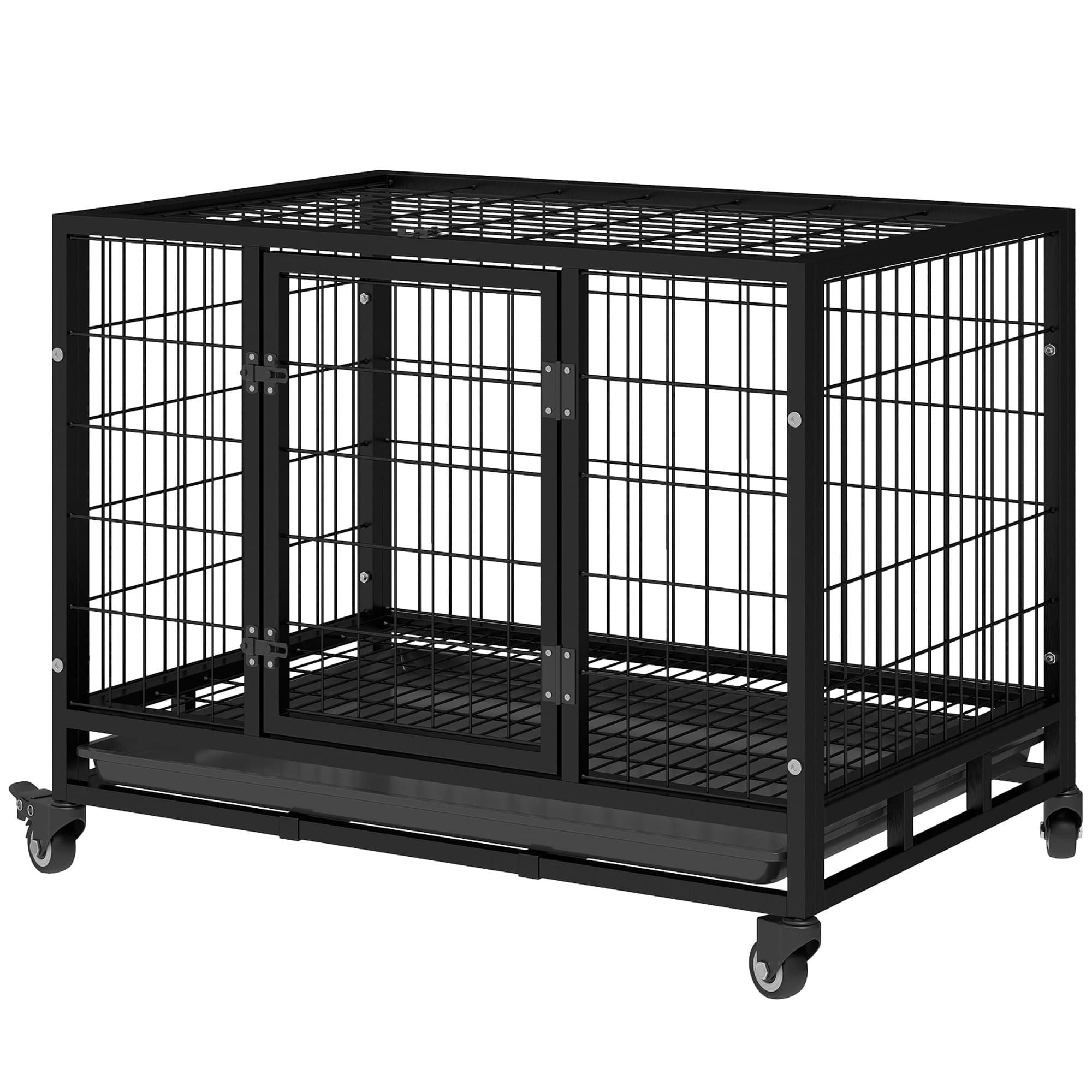 PawHut Cage pour chien animaux cage de transport sur roulettes 2 portes verrouillables plateau amovible 92 x 62 x 75 cm noir