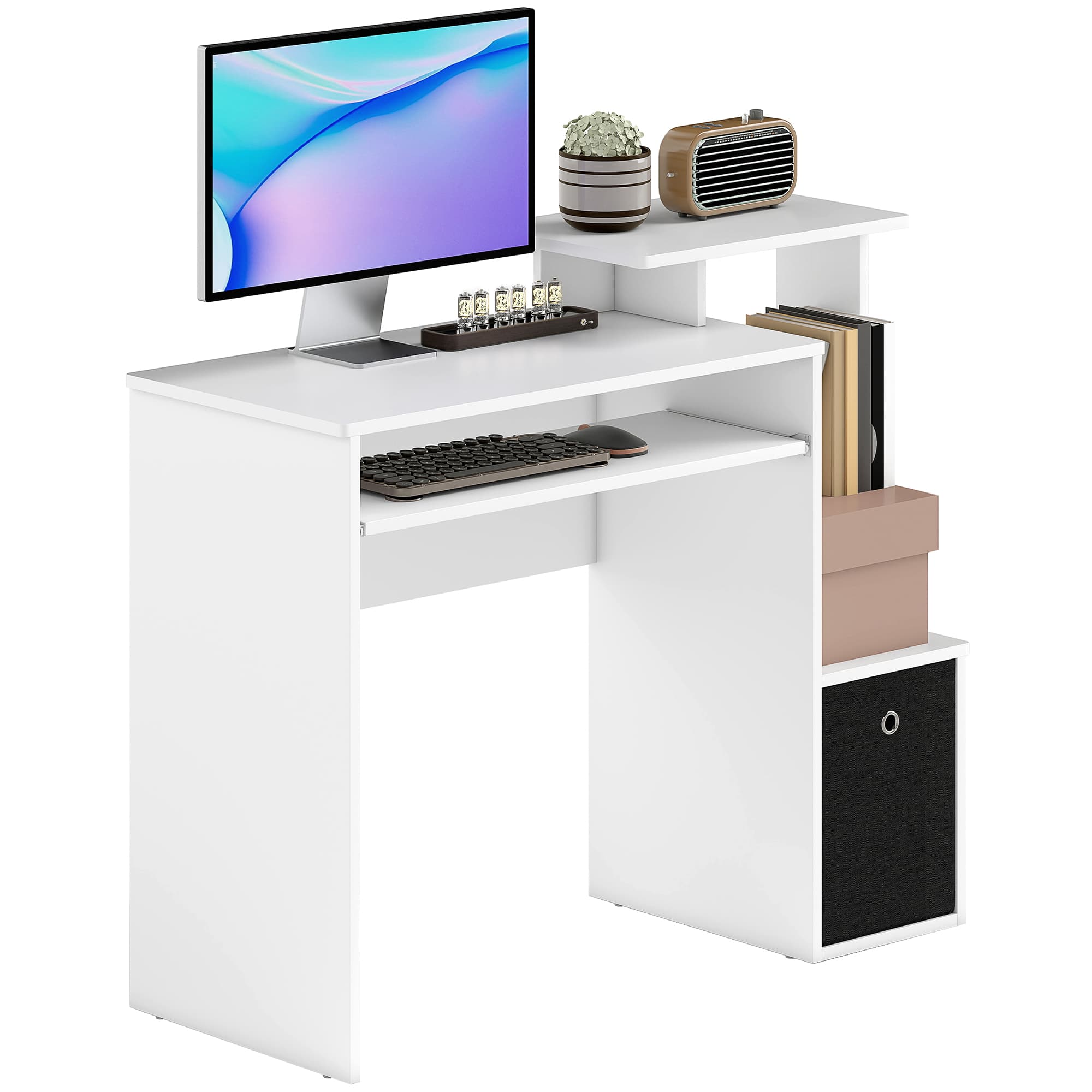 HOMCOM Bureau informatique table de travail pour ordinateur grand espace de rangement avec clavier tablette et compartiment blanc