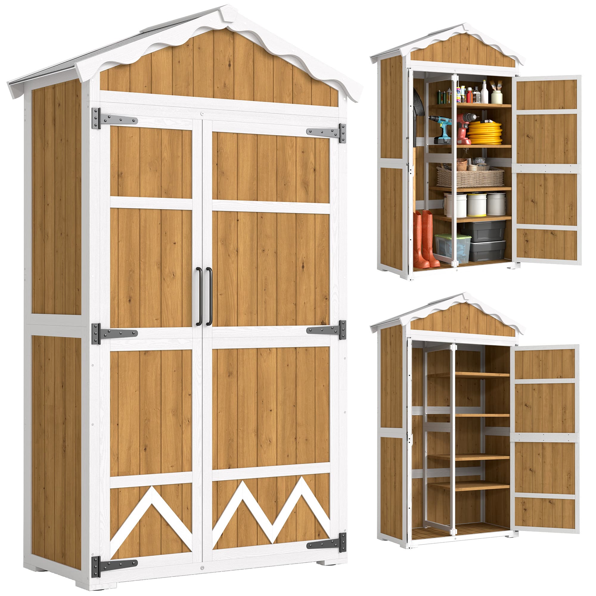 Outsunny Abri de Jardin en Bois 105x55x179 cm Armoire à Outils avec 4 Étagères Toit en Métal Galvanisé Naturel