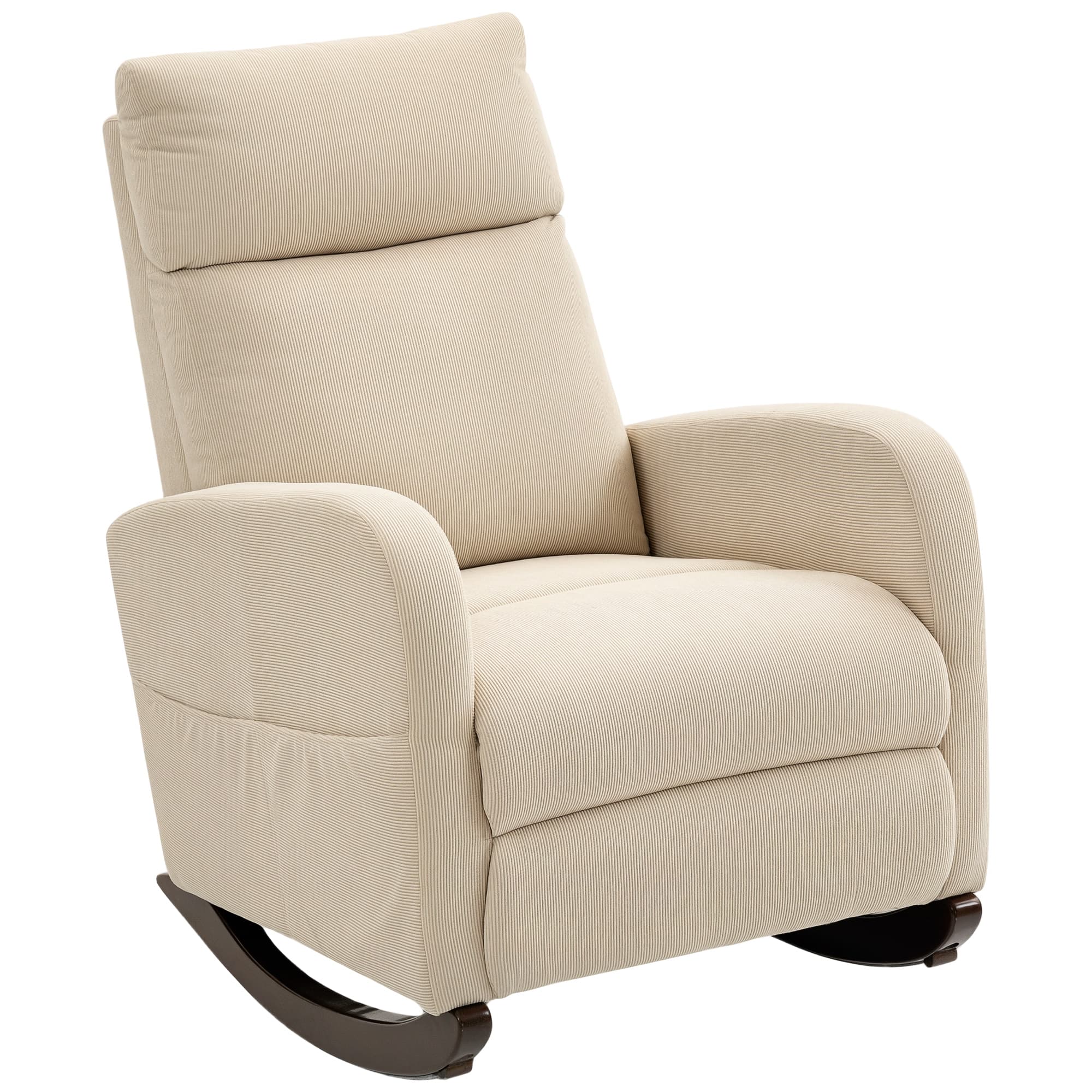 HOMCOM Fauteuil à bascule, fauteuil rembourré en velours côtelé, poches latérales pour salon, chambre, Beige