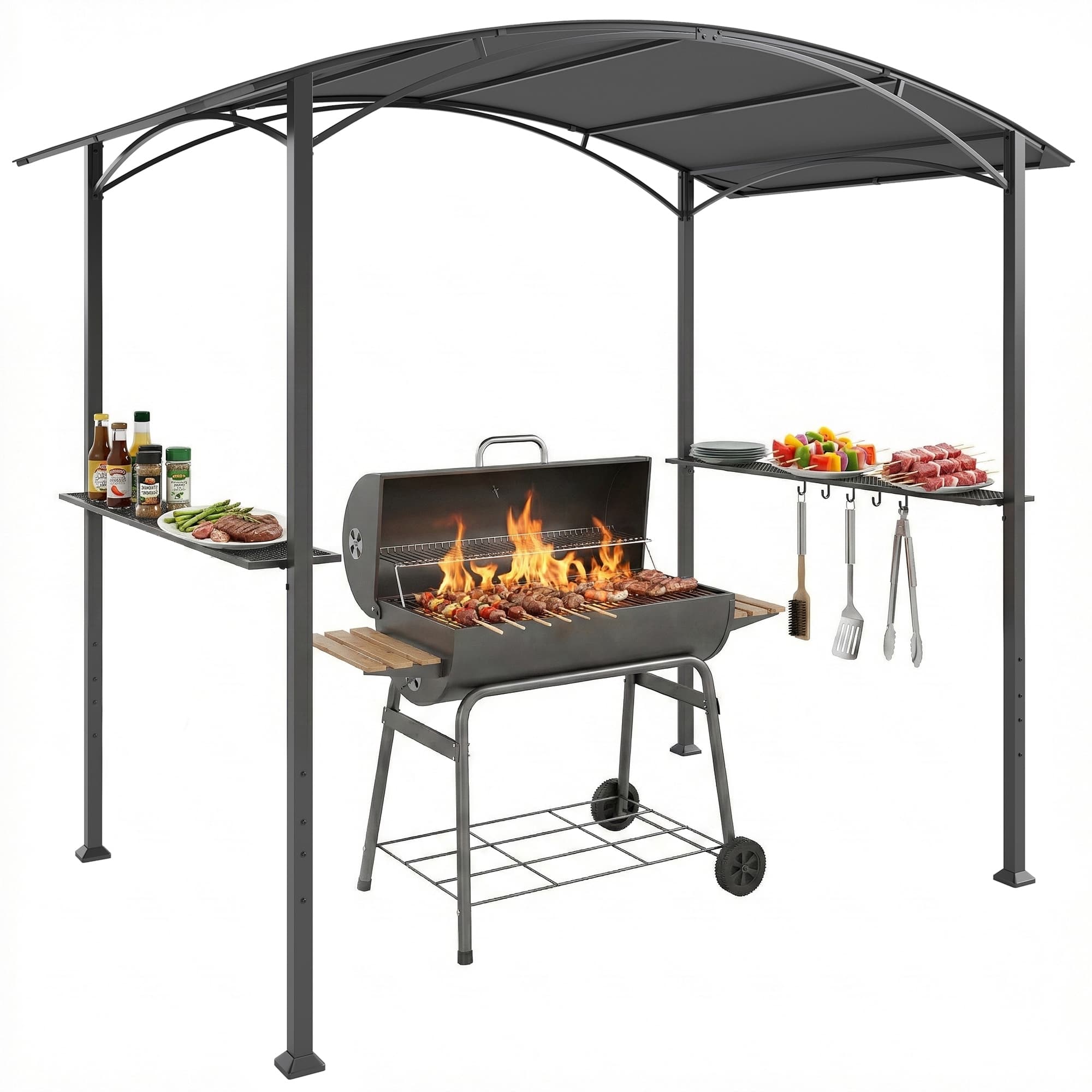 Outsunny Abri pour Barbecue tonnelle de jardin 245 x 152 x 218 cm en Acier avec Étagères Latérales et Crochets, gris foncé