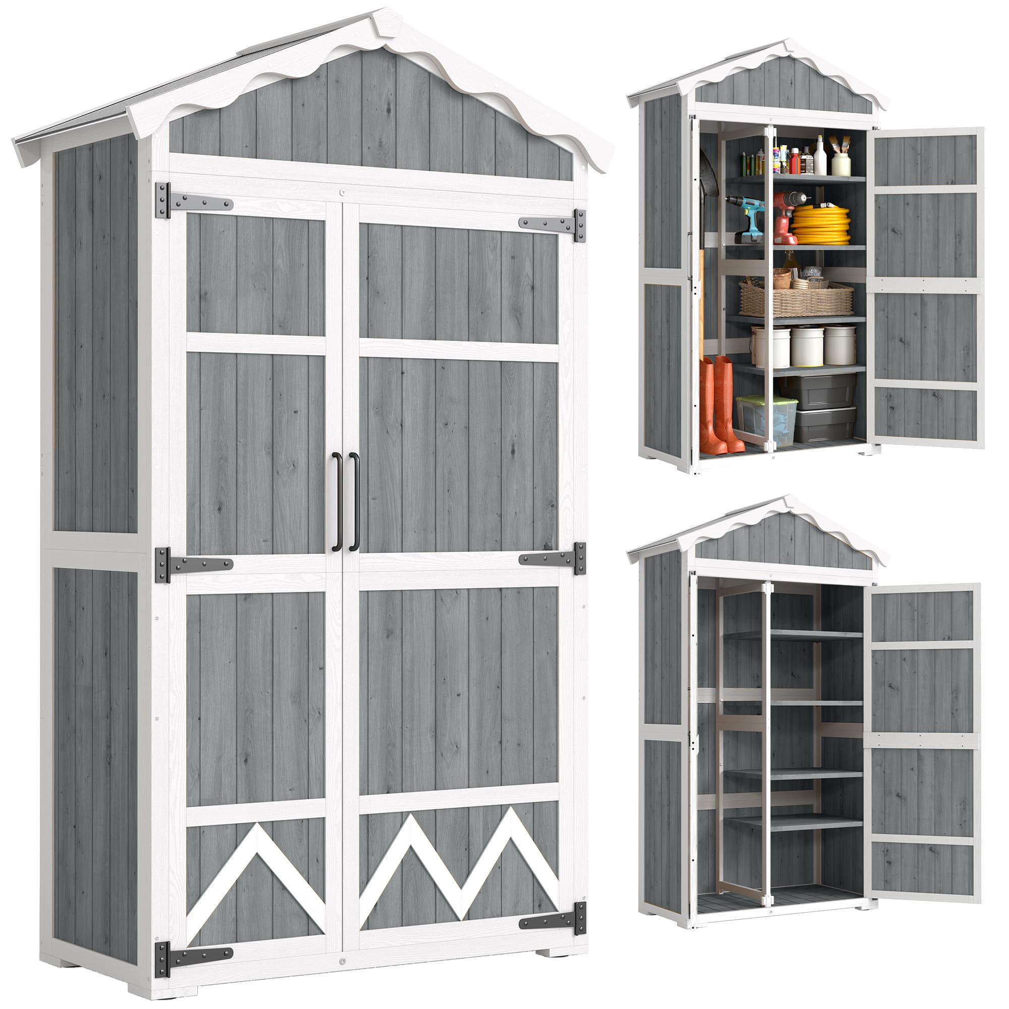 Outsunny Abri de Jardin en Bois 105x55x179 cm Armoire à Outils avec 4 Étagères Toit en Métal Galvanisé Gris
