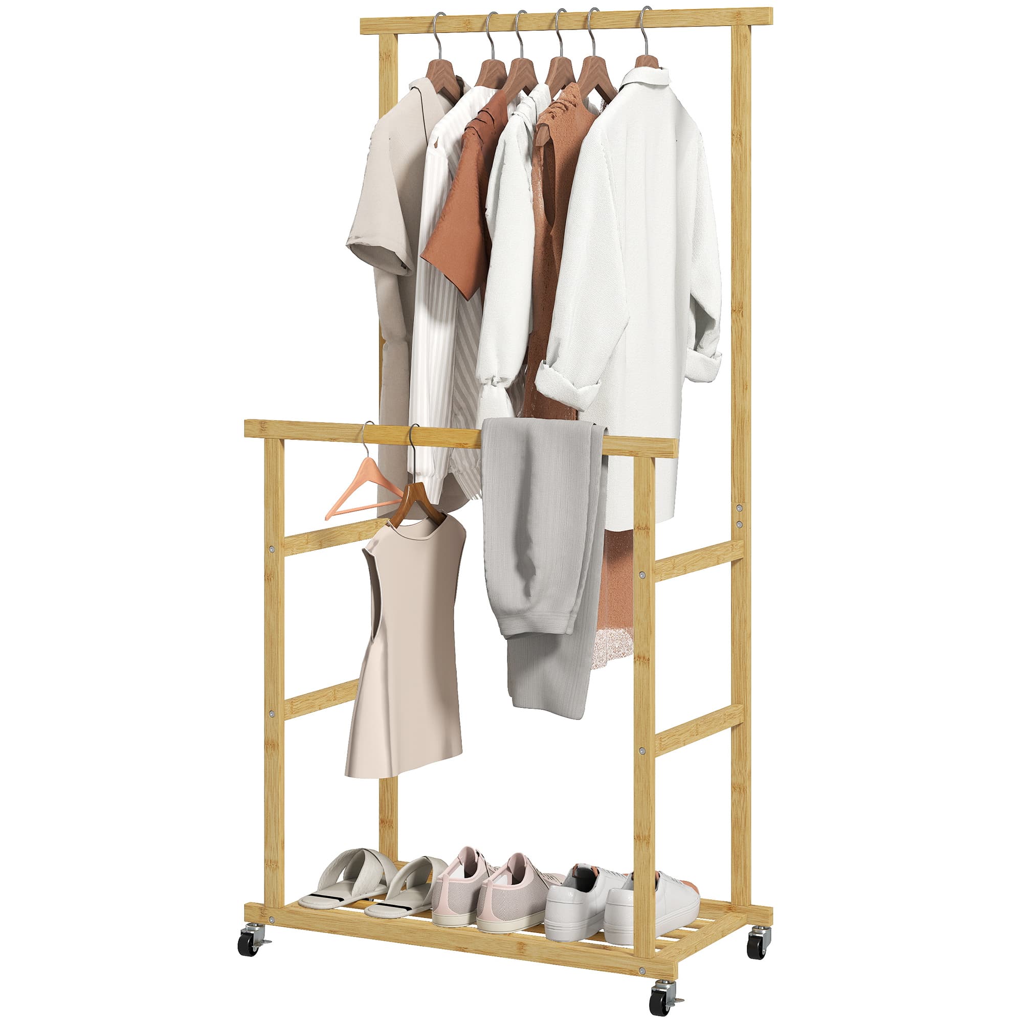 HOMCOM Portant à vêtements à roulettes, porte-manteau double barre en bambou avec étagère inférieure, 80x40x160cm, bois naturel
