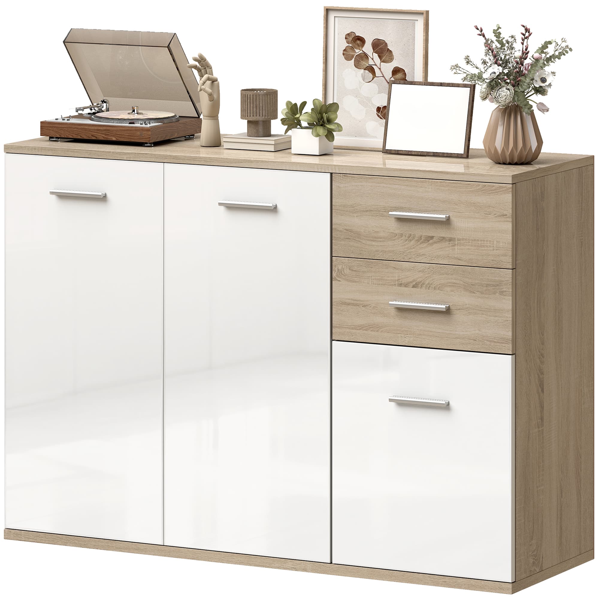 HOMCOM Buffet salon, meuble de rangement avec 2 tiroirs, 3 portes et étagère réglable, 106 x 35 x 76 cm, blanc et bois naturel