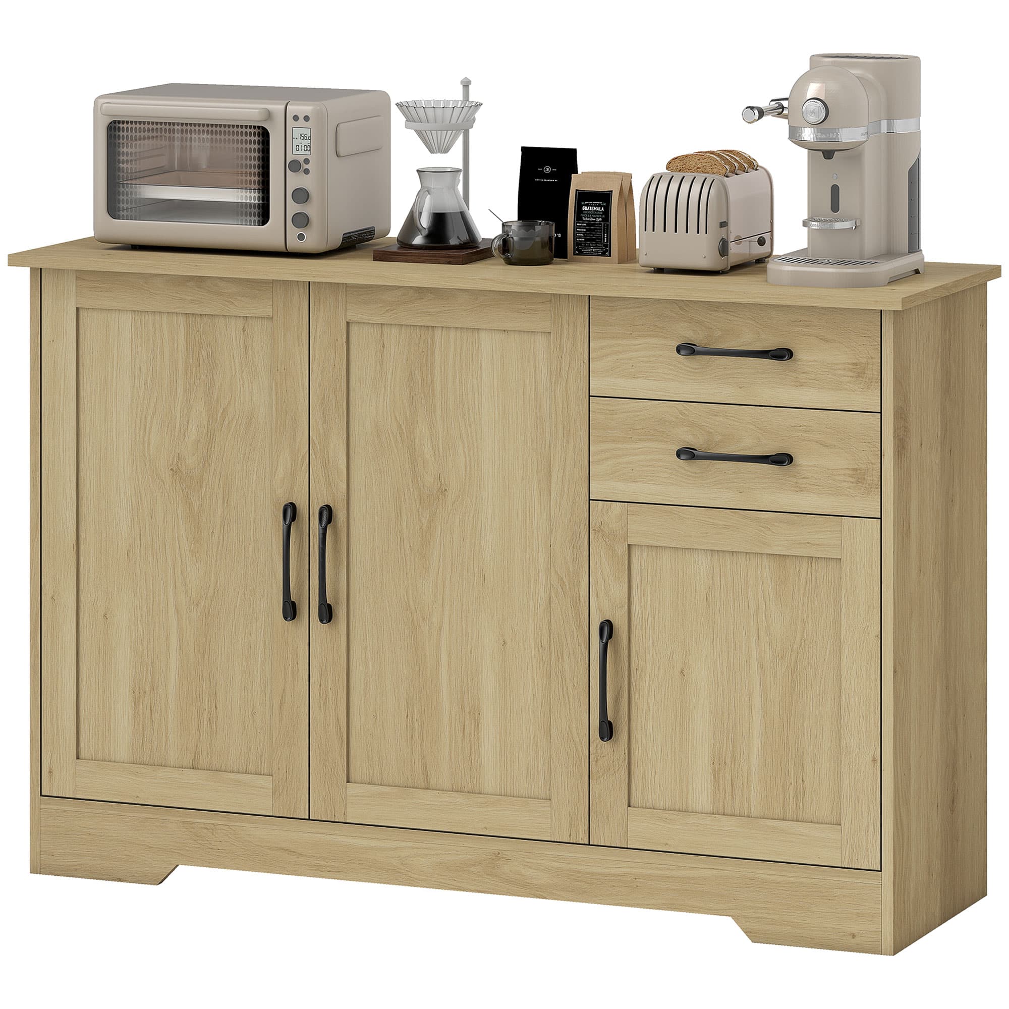 HOMCOM Buffet, meuble de rangement avec 3 portes, 2 tiroirs et étagère réglable, 120 x 38 x 79 cm, bois naturel