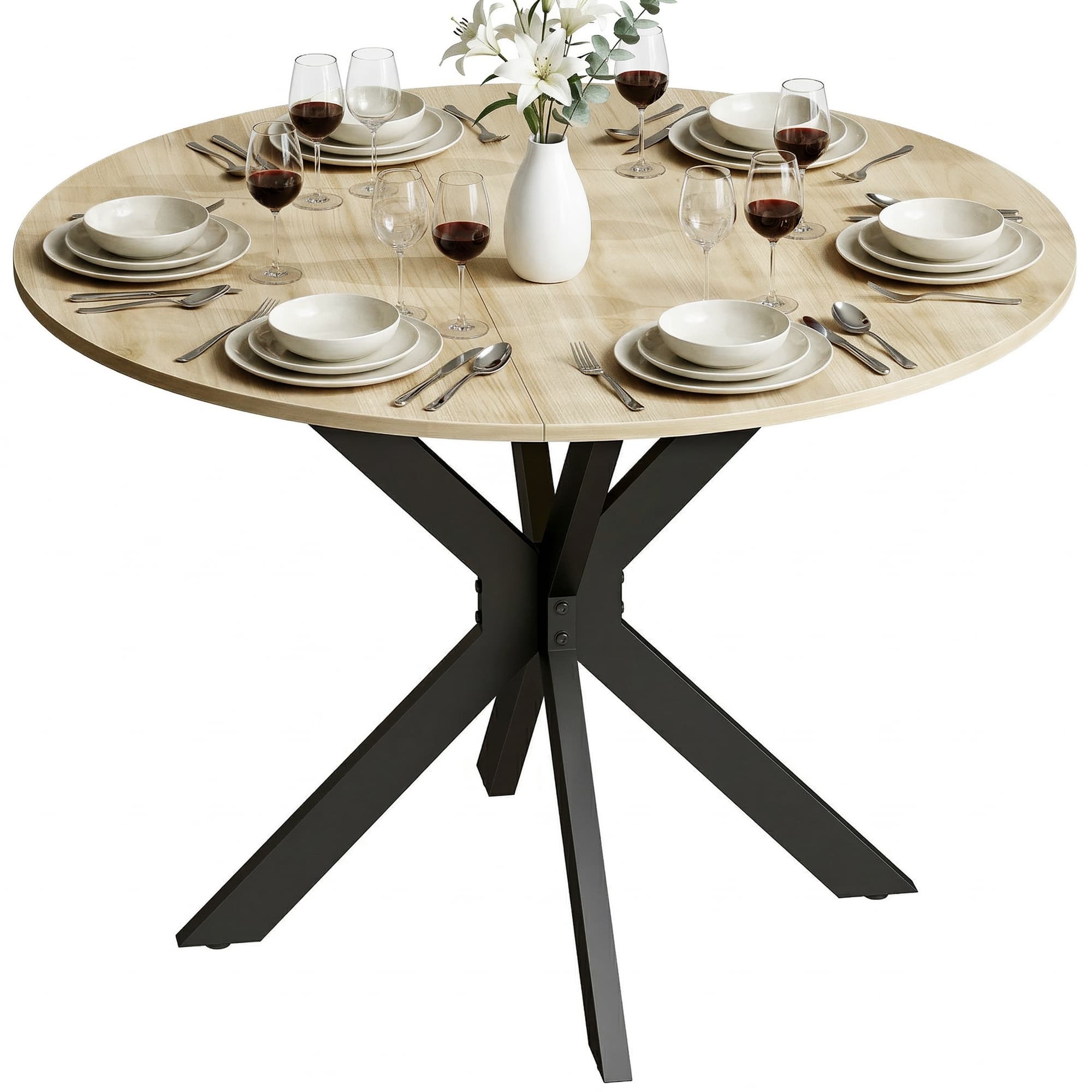 HOMCOM Table à manger pliante pour 2 à 6 personnes, table de cuisine ronde avec pieds croisés en acier, bois naturel